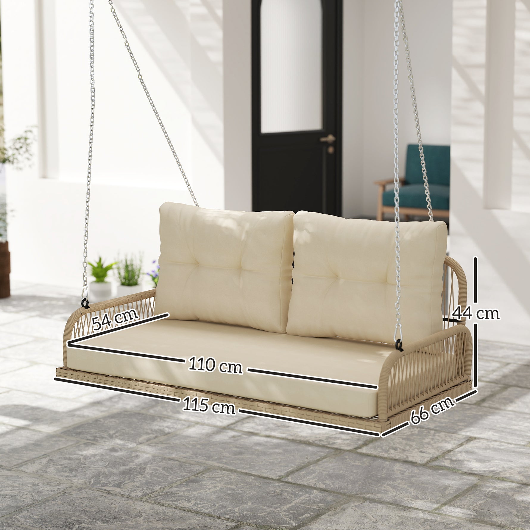 Banc Suspendu Extérieure 2 Places en Résine Tressée avec Coussins et Chaînes en Acier, 115x66x44cm, Beige