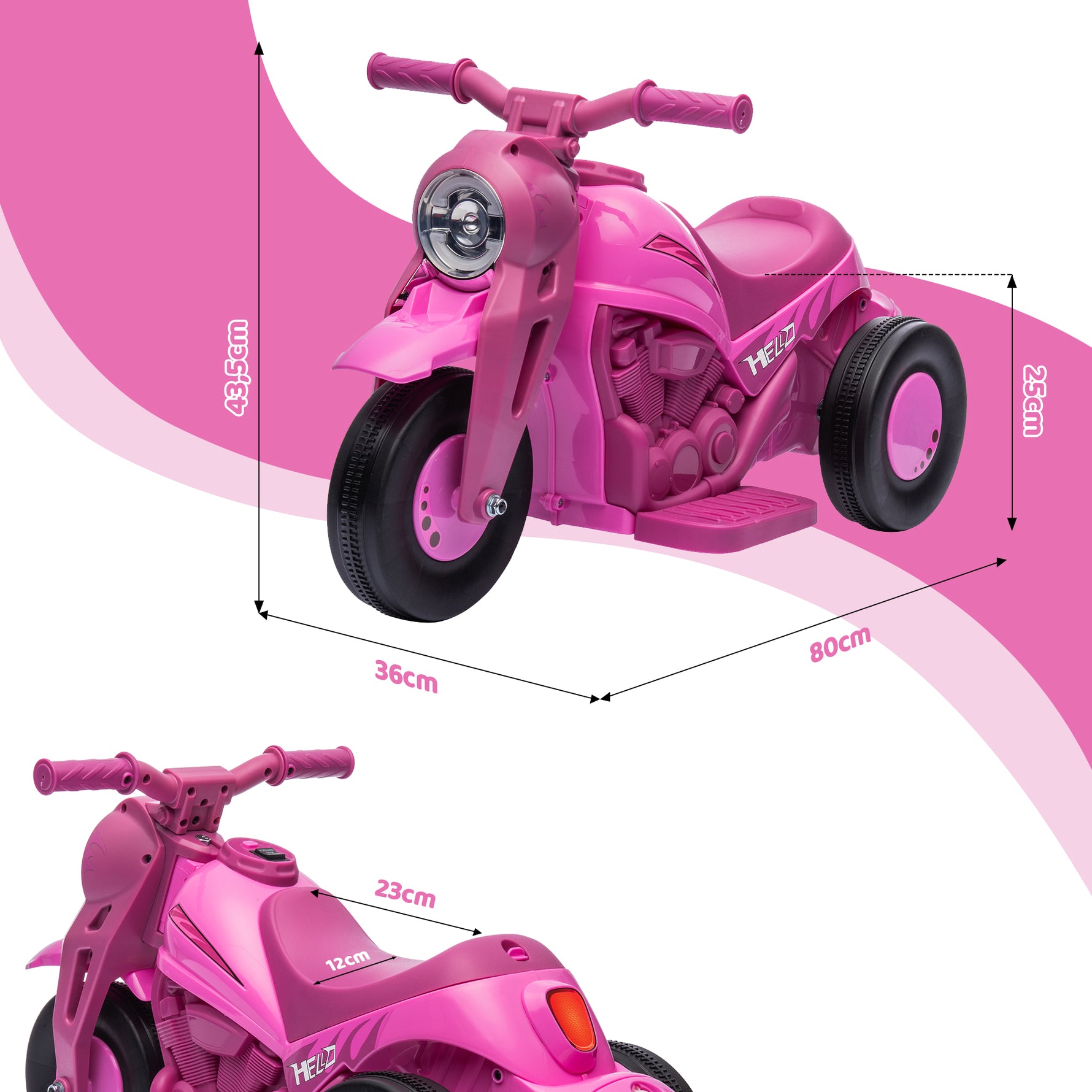 Moto électrique enfants 2-5 ans, 3 roues, 6 V, 3 km/h, avec fonction de bulles, effets lumineux et sonores, rose