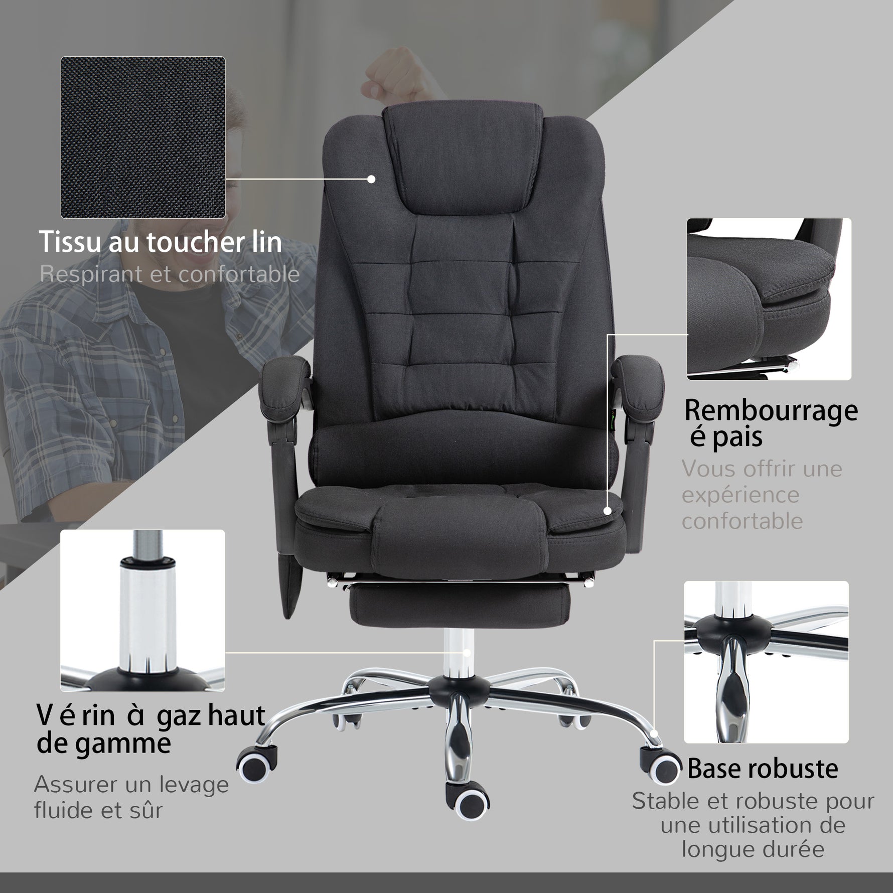 Fauteuil de bureau direction massant chauffant hauteur réglable dossier inclinable toile de lin noir