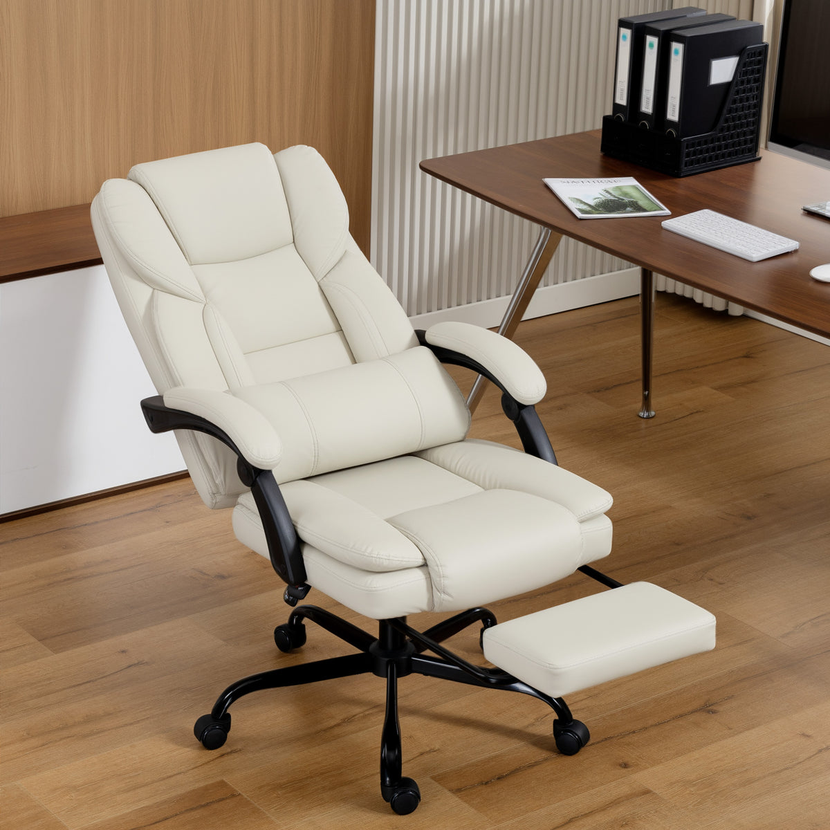 Ergonomische bureaustoel, bureaufauitiel met verstelbare rugleuning, in hoogte verstelbaar, 65x67x111-119 cm, beige