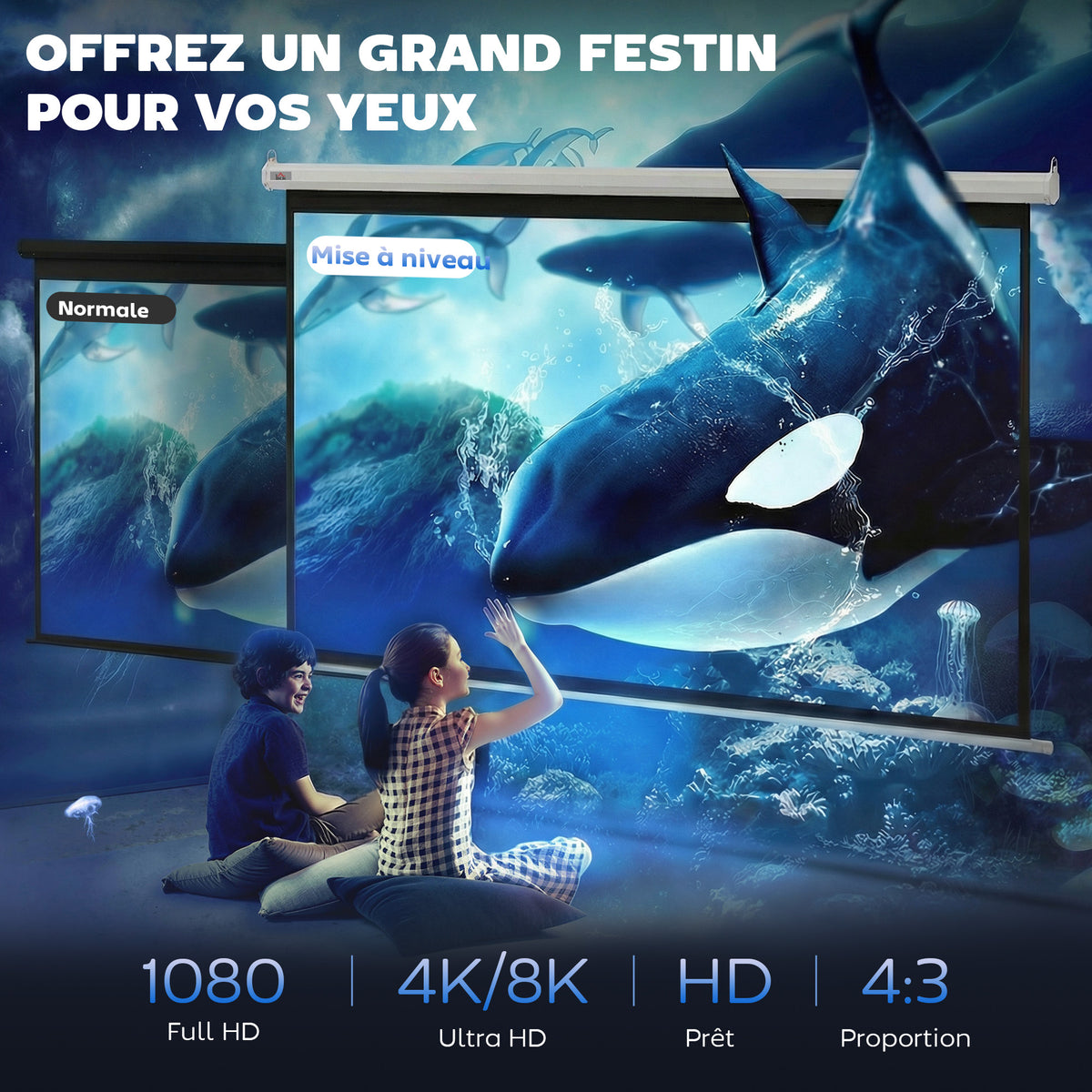 Écran vidéoprojecteur 84 Pouces, 4:3 4K HD écran de projection motorisé et électrique, écran de projection tv et home cinéma, montage mural ou plafond, panneau de commande et télécommande