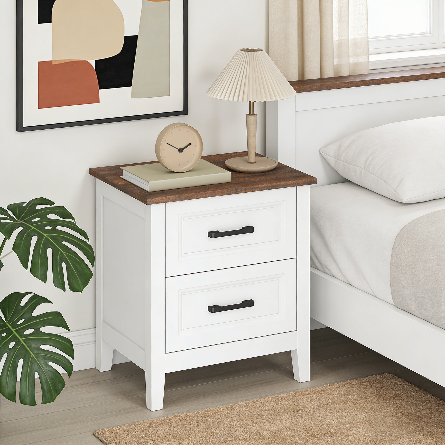 Table de chevet, table de nuit avec 2 tiroirs, plateau effet bois, style rustique, pour chambre à coucher, salon, blanc