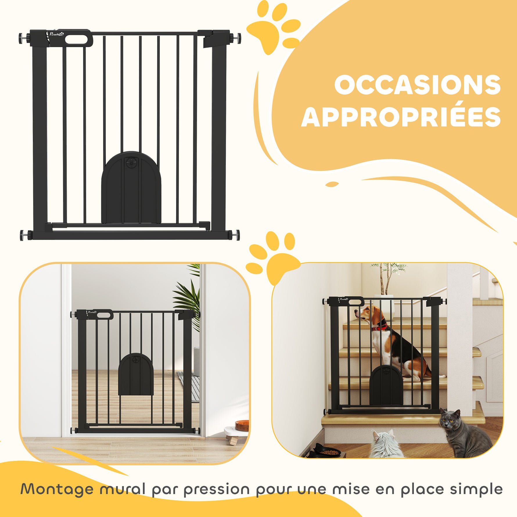 Barrière de sécurité animaux avec porte fermeture automatique système de double verrouillage, acier noir