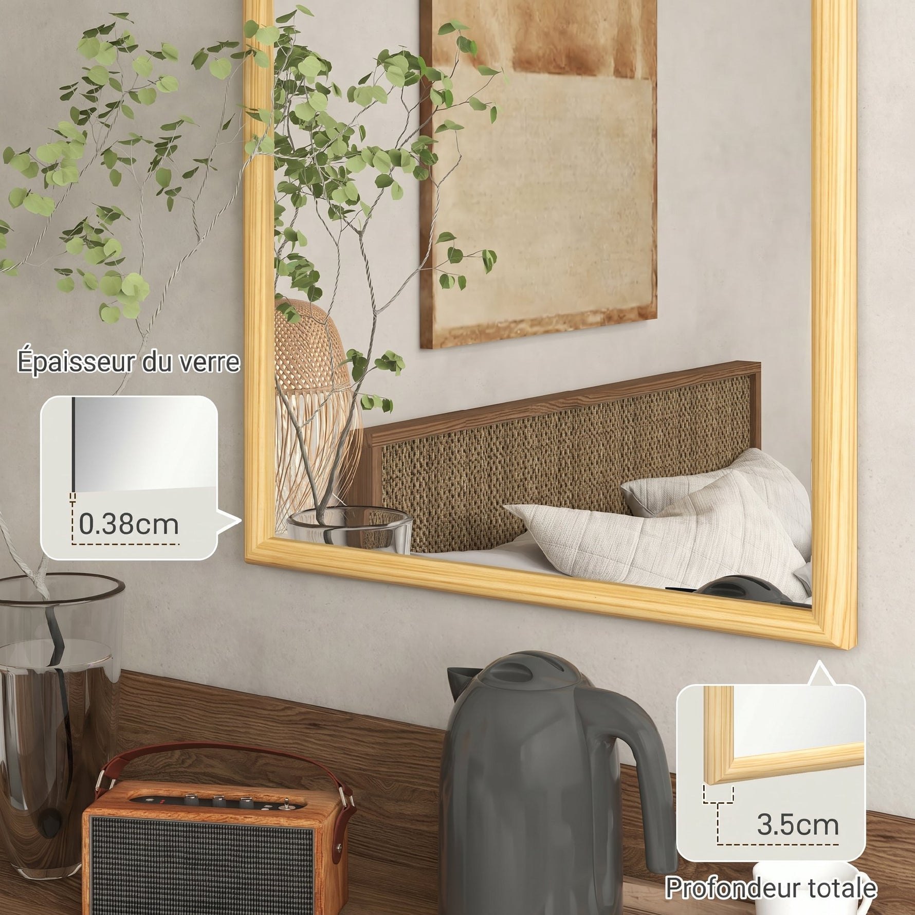 Miroir mural arche, 110 x 65 cm Cadre en bois, Miroir arqué pour le salon, la chambre, l'entrée, bois naturel