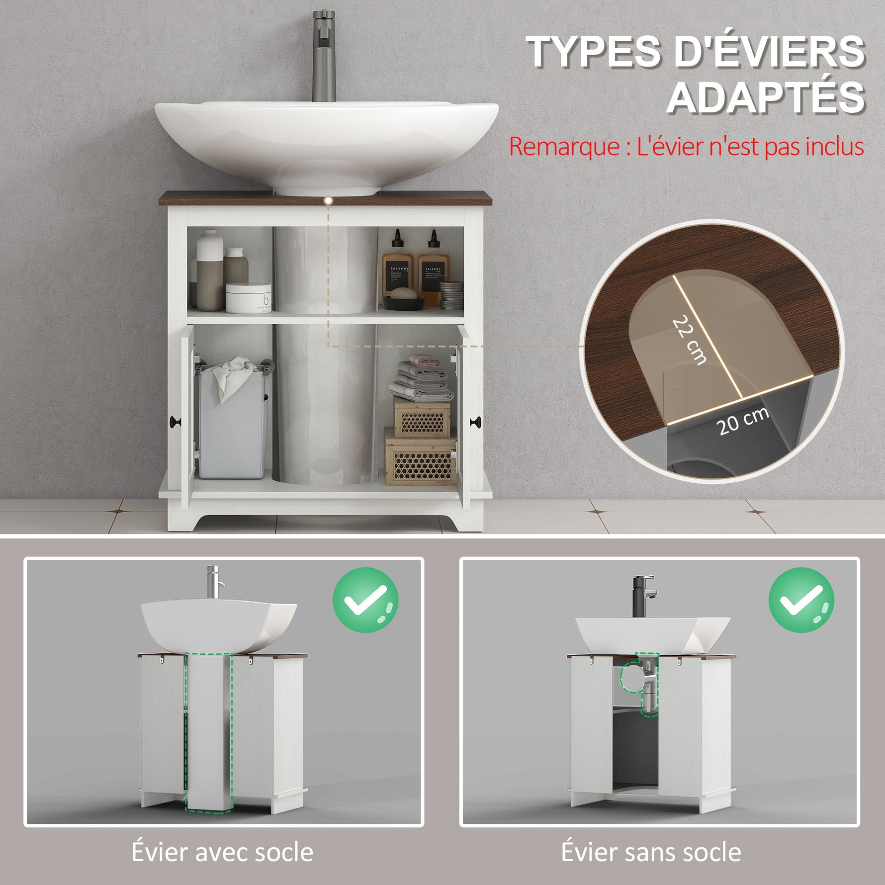 Meuble sous lavabo salle de bain meuble sous vasque - niche et placard à portes doubles, 60 x 30 x 60 cm, blanc