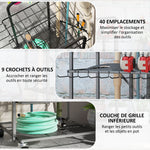 Organisateur d'outils de jardin, support à outils de jardin 40 compartiments à 2 niveaux avec roues 57 x 48 x 70 cm noir