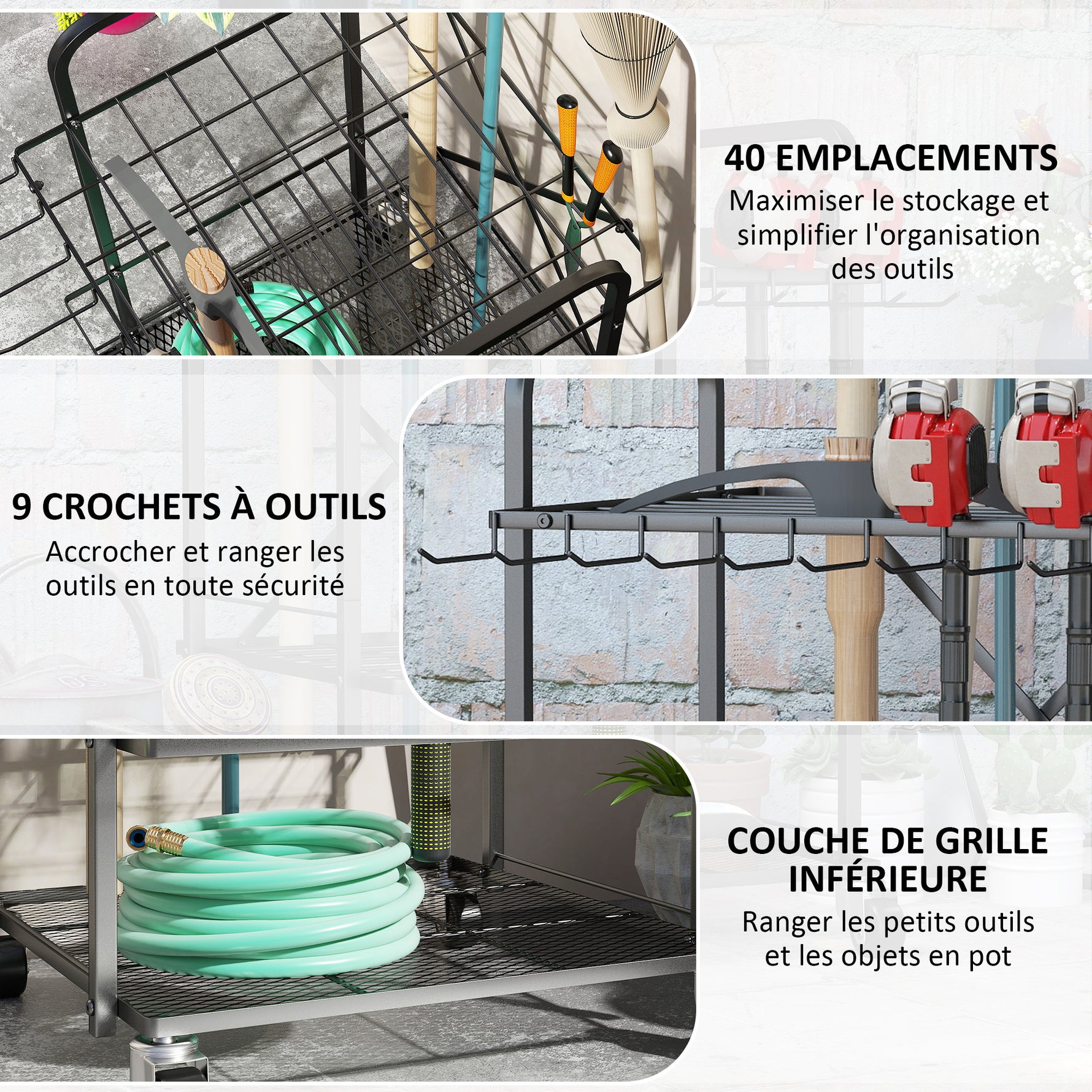 Organisateur d'outils de jardin, support à outils de jardin 40 compartiments à 2 niveaux avec roues 57 x 48 x 70 cm noir