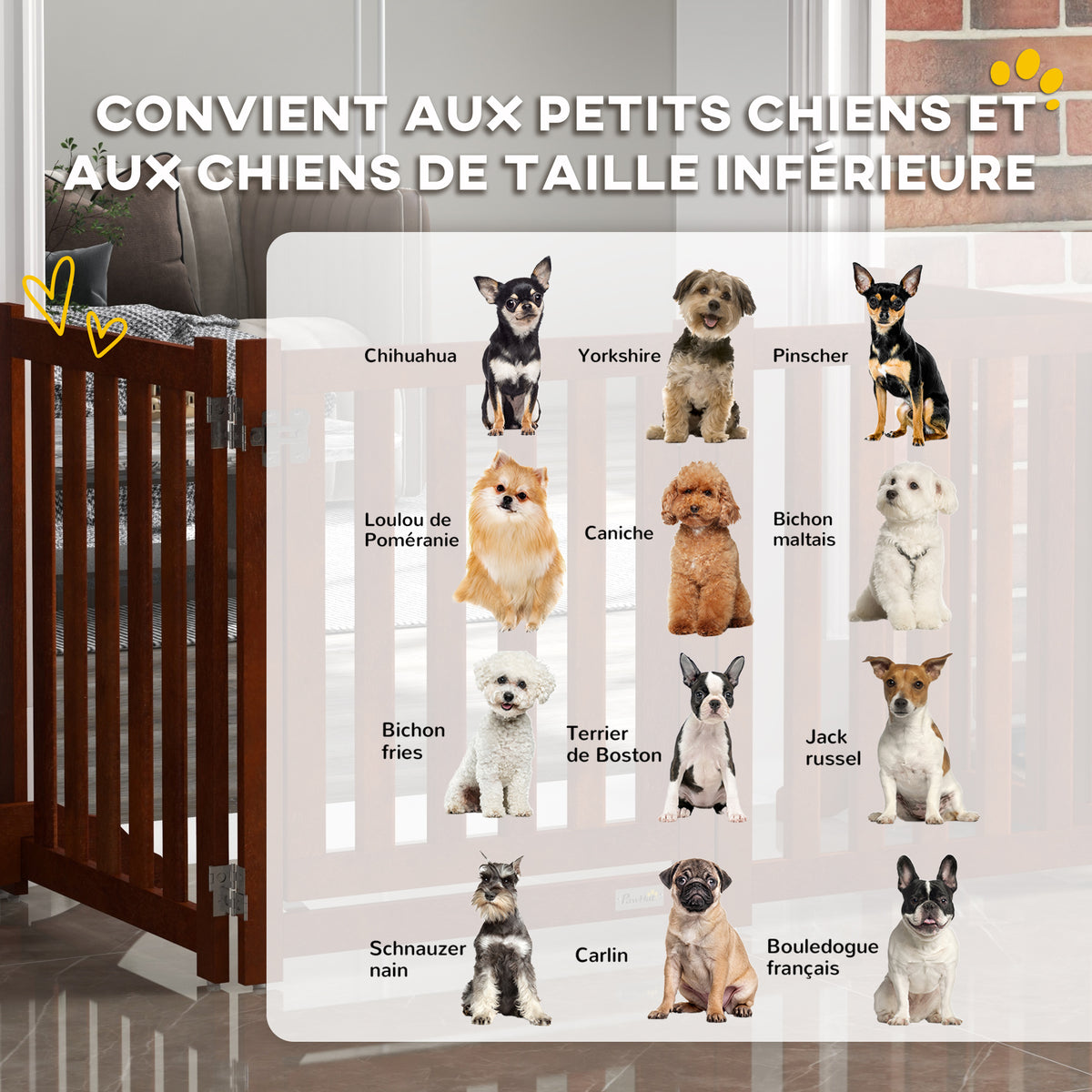 Barrière de sécurité chien pliable double face en bois, 4 panneaux avec porte, pieds de support, 205 x 60 cm, marron