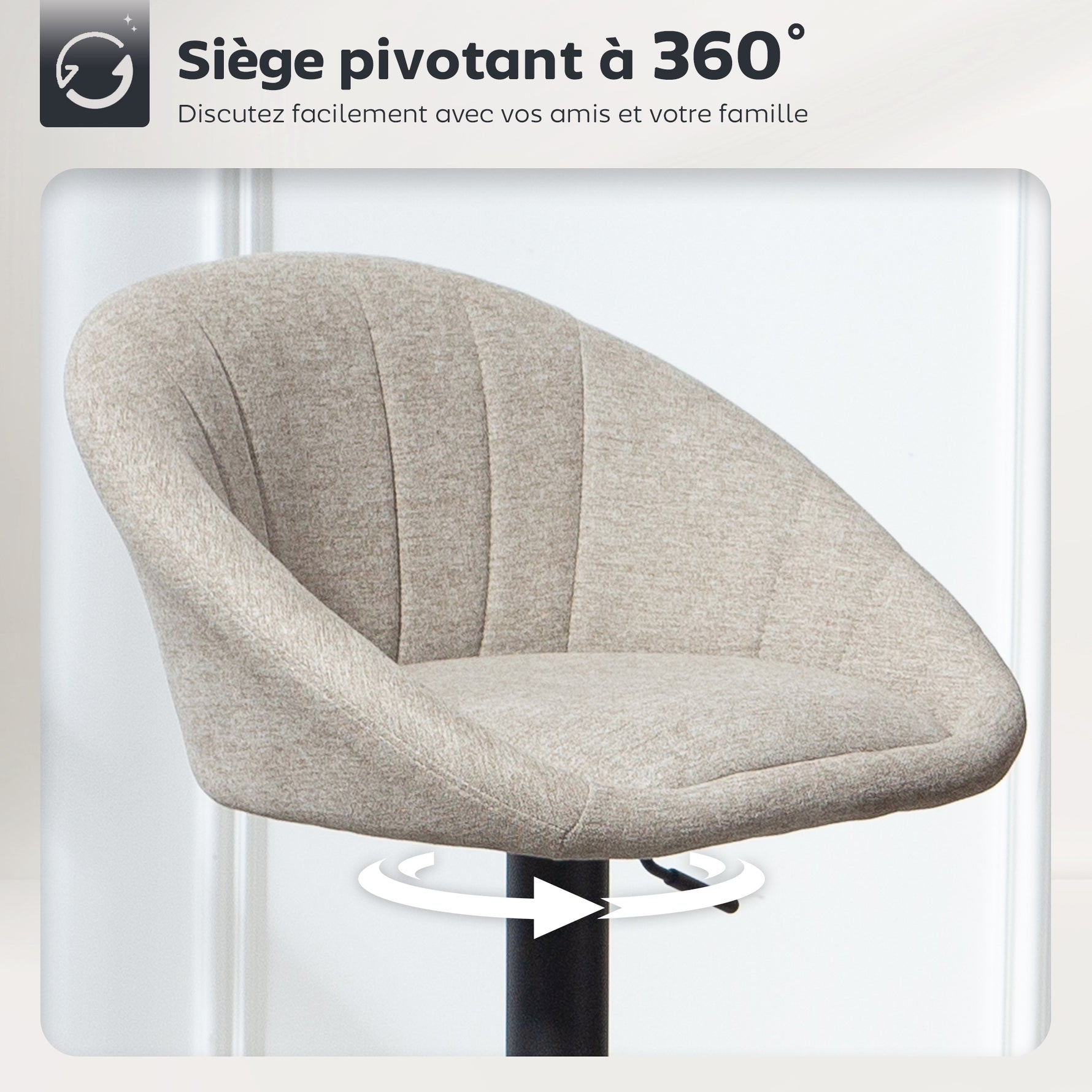 Lot de 2 tabourets de bar, chaises de bar hauteur réglable avec dossier et accoudoirs, repose-pieds, beige