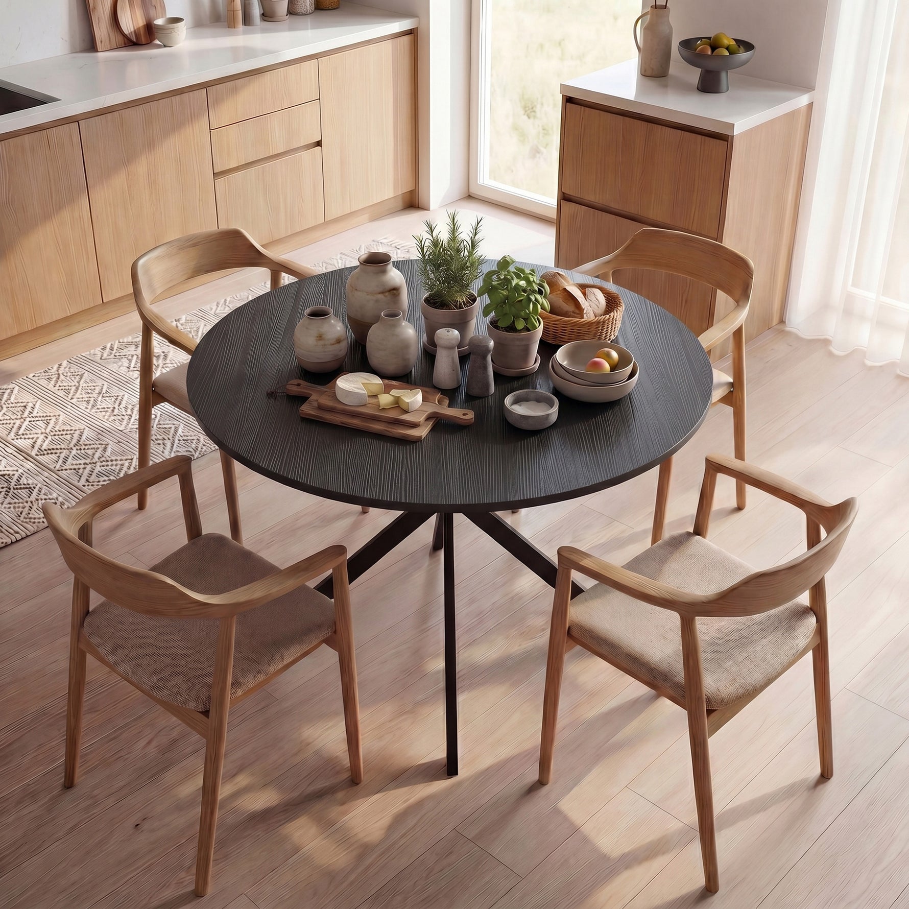 Table à Manger Ronde pour 4 Personnes 100 cm, Style Industriel avec Plateau Aspect Bois, Piètement Croisé en Acier, Noir