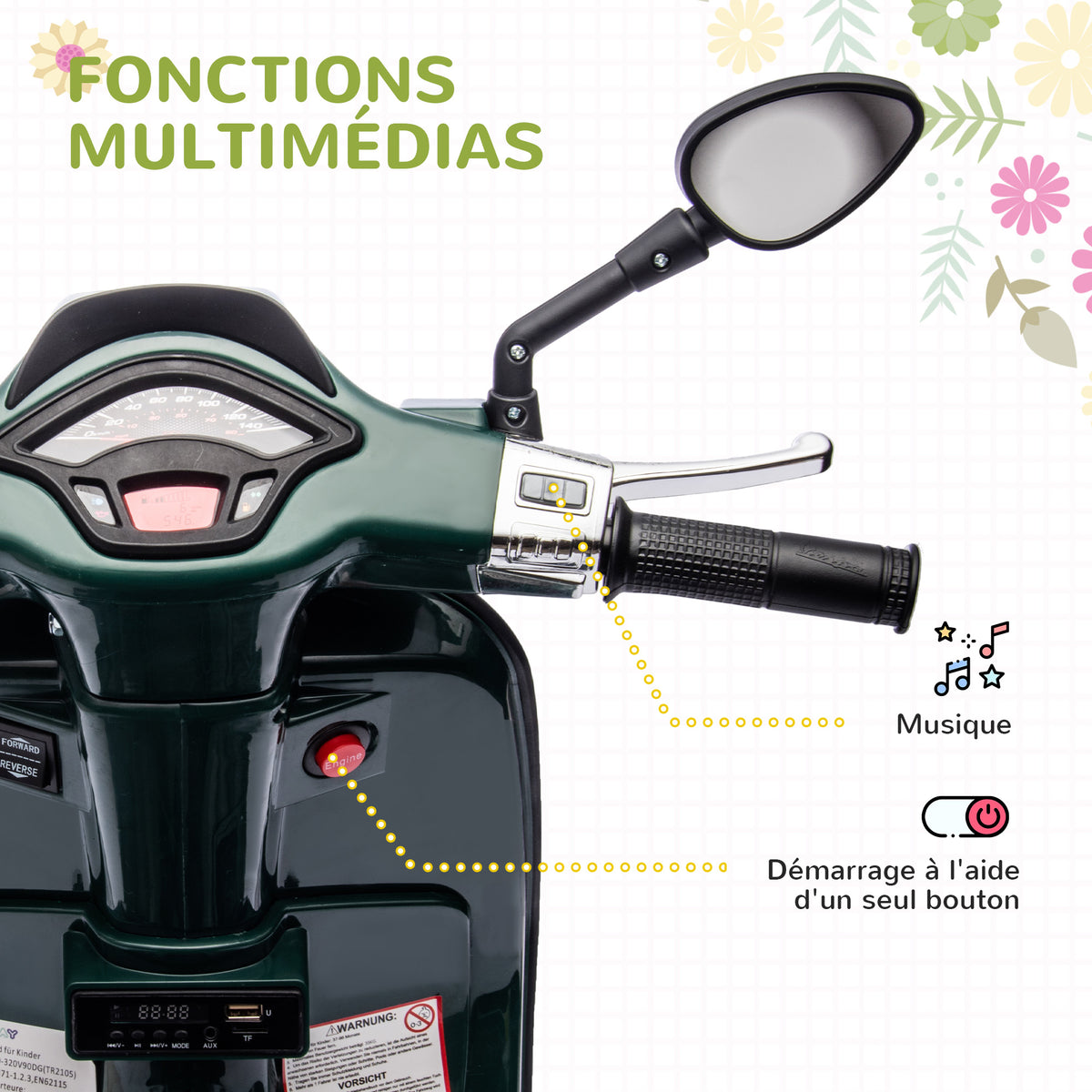 Scooter électrique enfant Vespa 6 V dim. 107L x 47l x 73H cm Musique MP3 Port USB Phare 2 roues d'entraînement - Vert