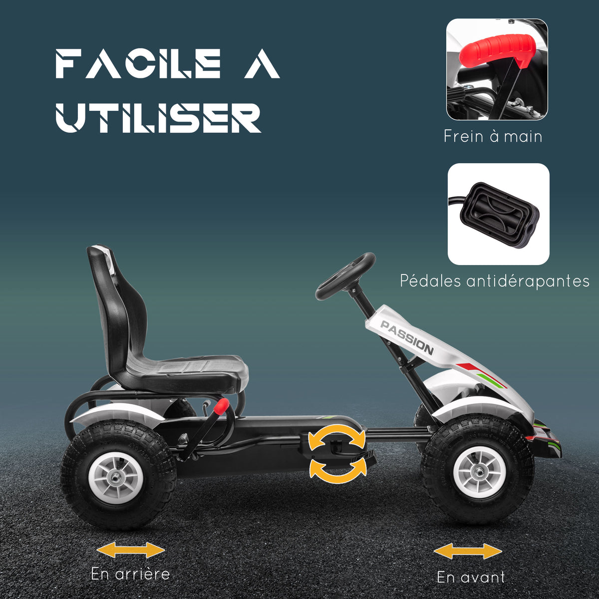 Kart à pédales pour enfant siège réglable 3 positions frein à main enfant de 5 à 12 ans blanc noir