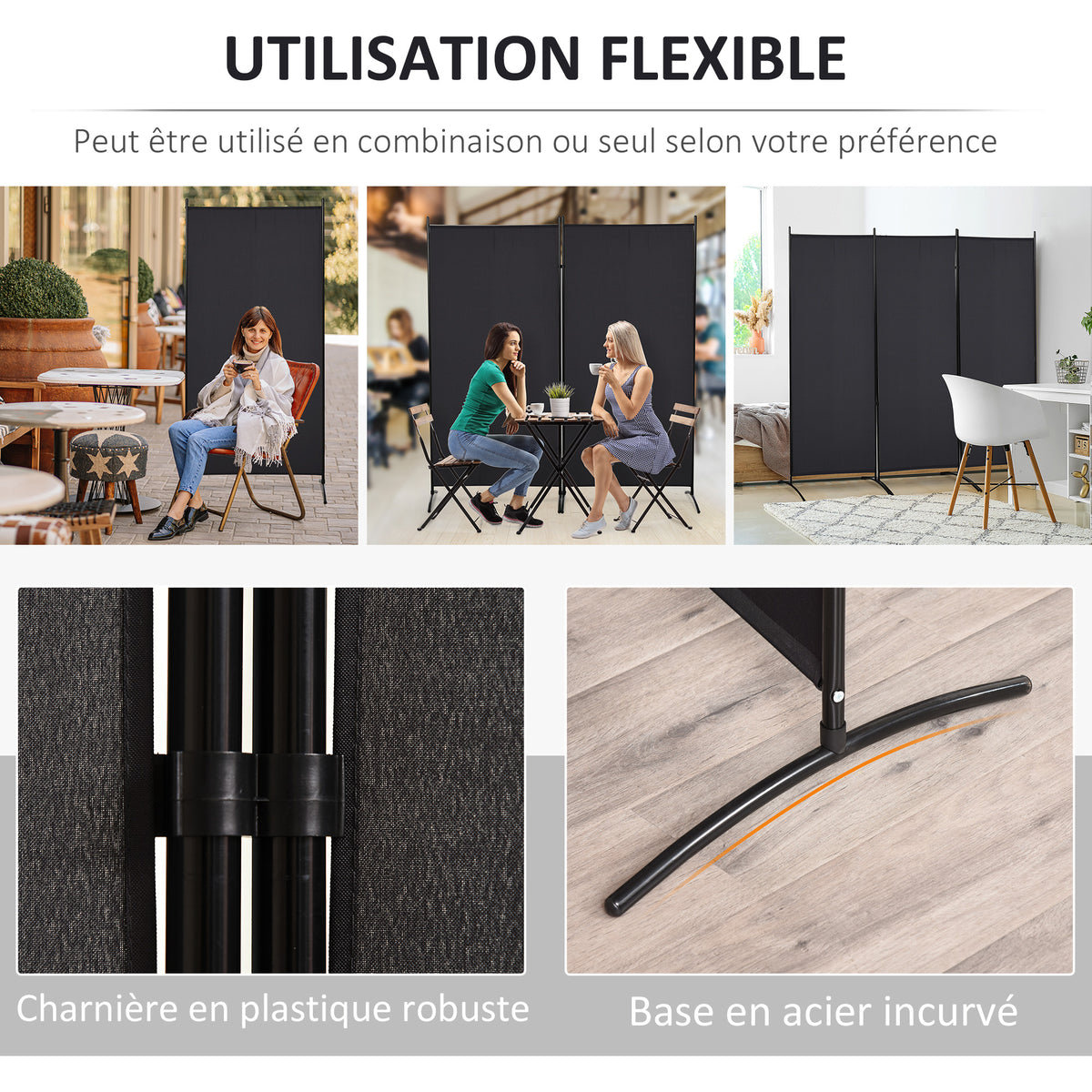 Paravent 3 panneaux dim. 2,53L x 0,5l x 1,82H m Store latéral Brise-Vue paravent sur Pied séparateur métal Polyester