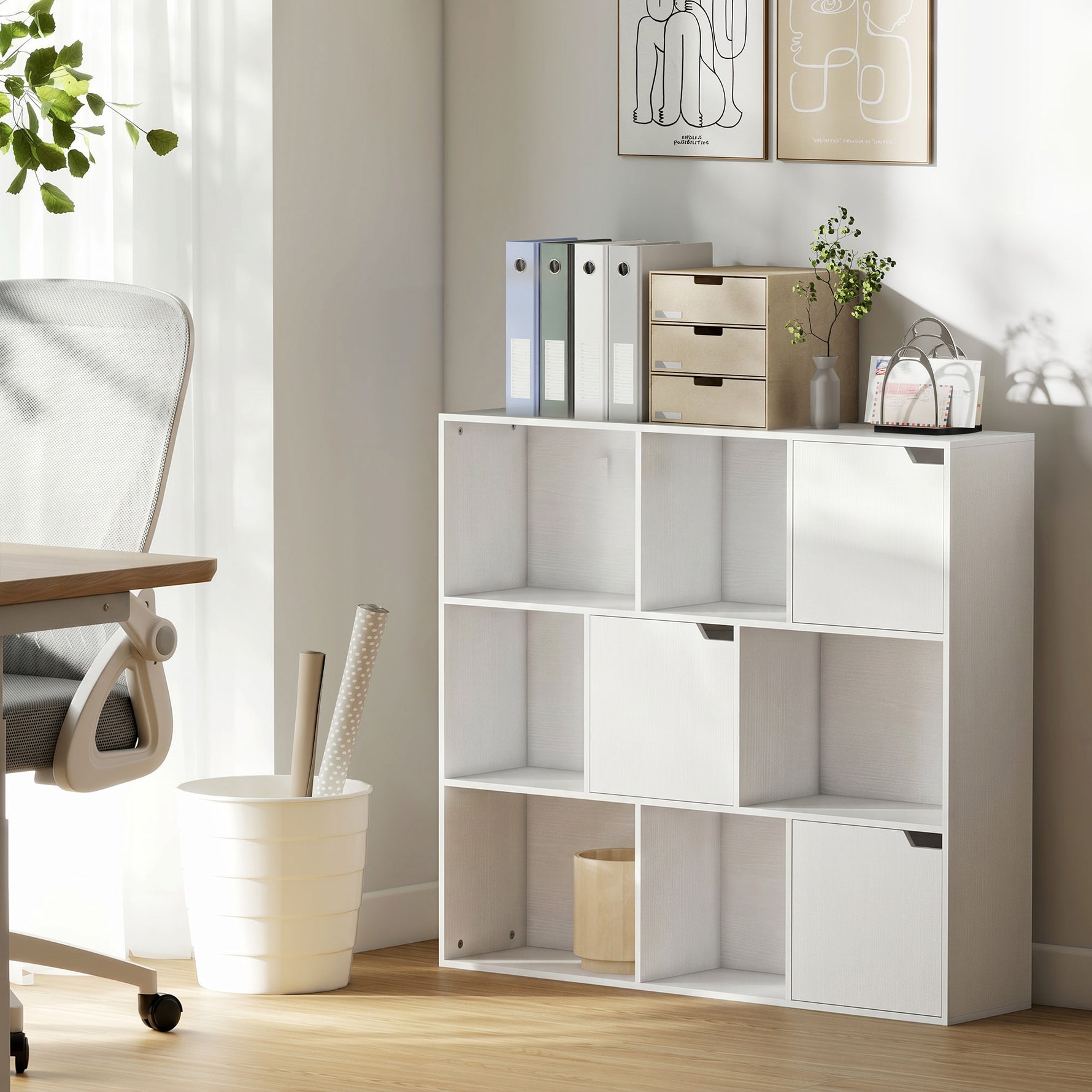 Bibliothèque étagère de rangement 9 cubes avec 3 portes et 6 compartiments ouverts, 106 x 24 x 95 cm, blanc