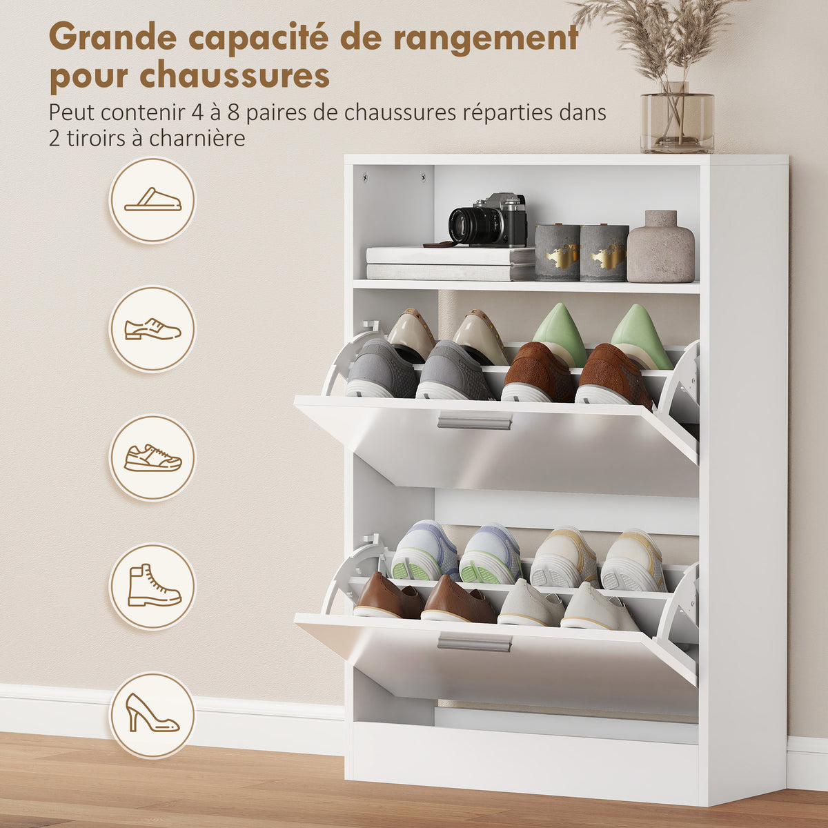 Meuble à chaussures 8 paires, armoire à chaussures, 2 tiroirs rabattables, étagères réglables et compartiment, blanc