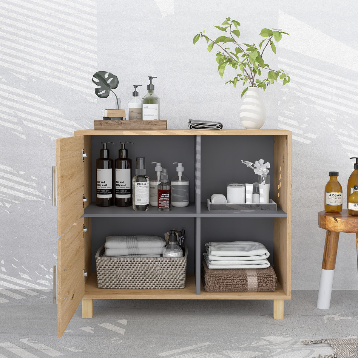 Meuble de salle de bain, meuble de rangement avec compartiments ouverts et placard, dim. 80 x 35 x 70 cm, bois naturel