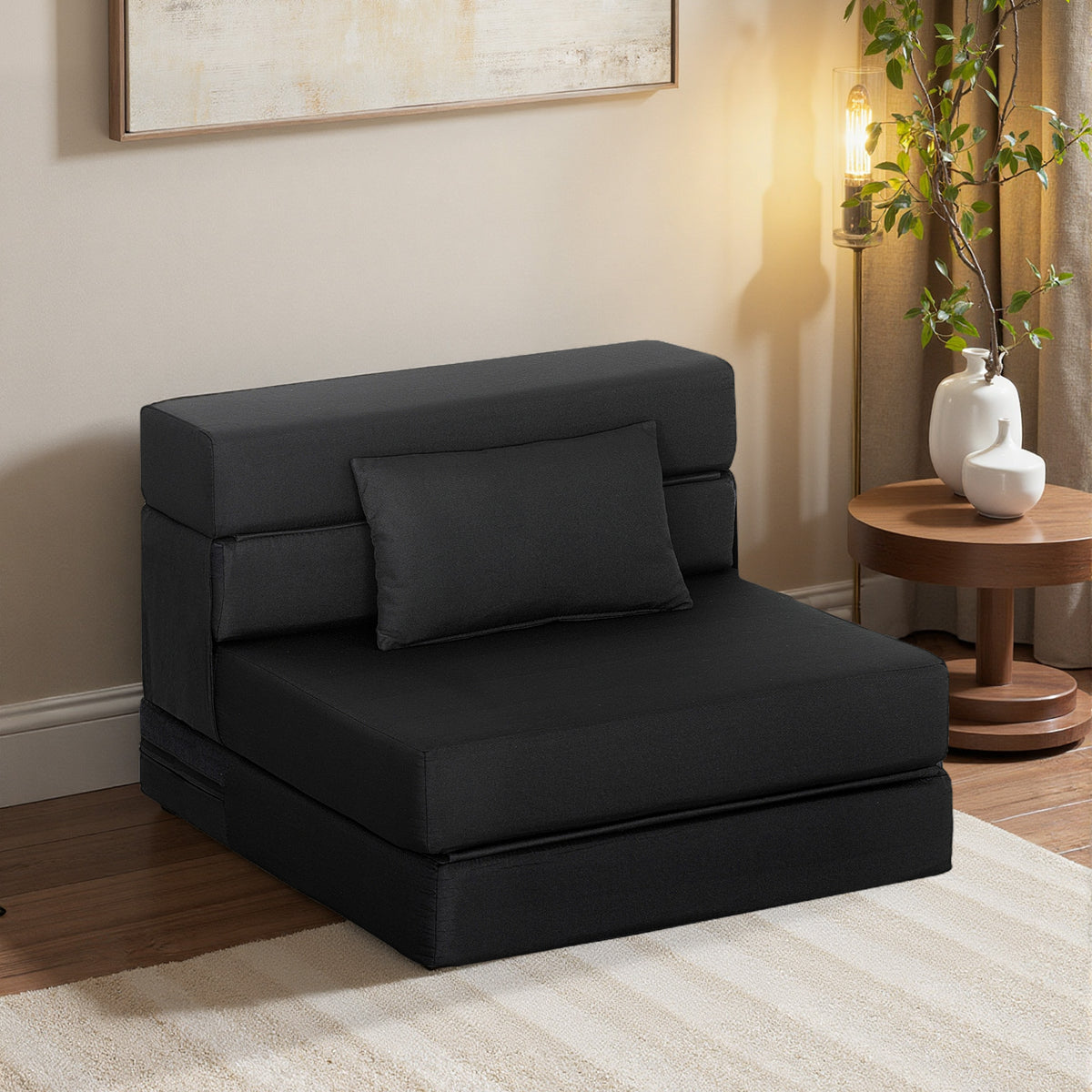 Convertible 1-seater armchair, folding bed chair, cushion included, for guests, living room, small space, 120 kg capacity, black