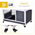Clapier lapin intérieur, cage lapin avec toit ouvrant, roulettes, plateau amovible et rampe, cage en bois, 90 x 53 x 59 cm, gris foncé et blanc