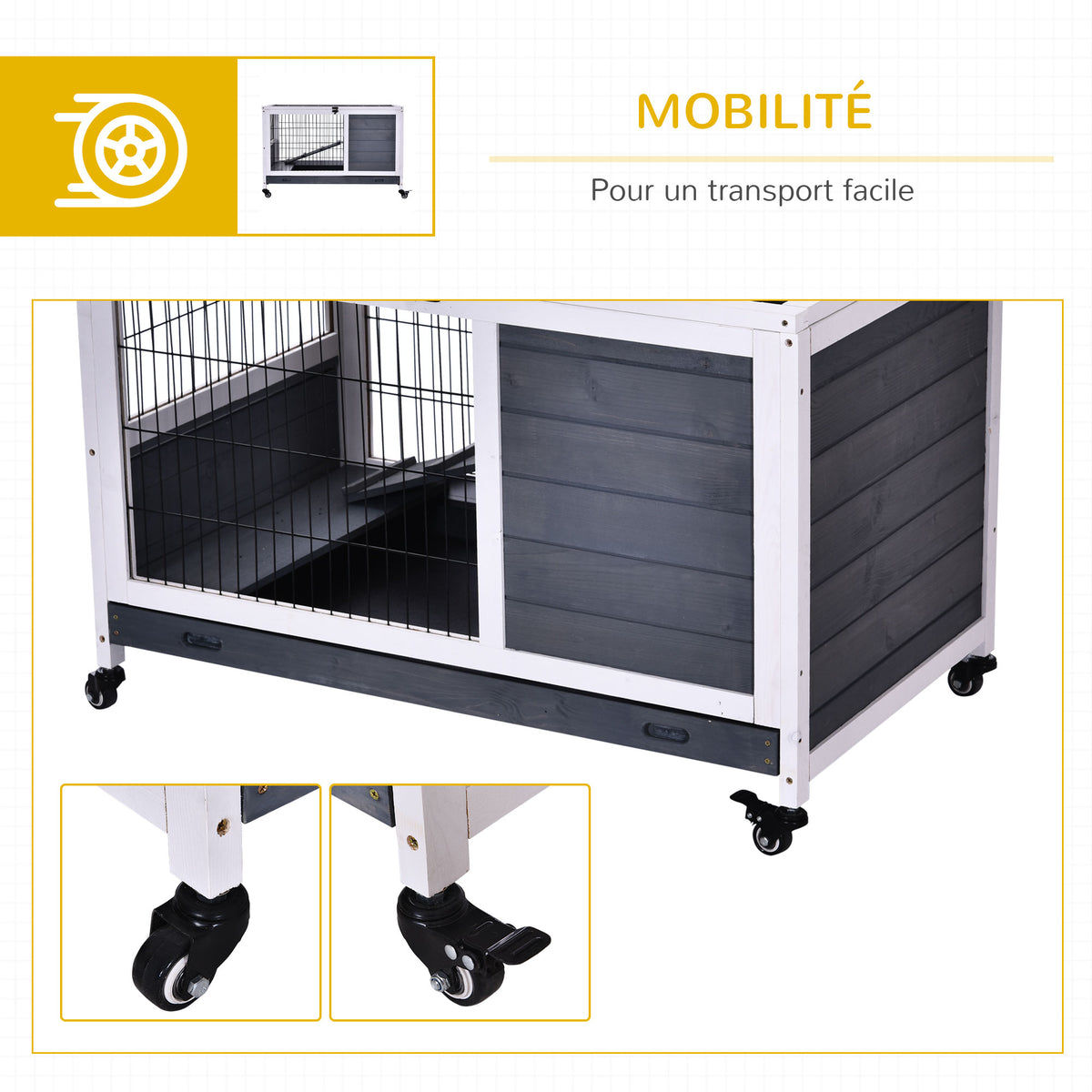 Clapier lapin intérieur, cage lapin avec toit ouvrant, roulettes, plateau amovible et rampe, cage en bois, 90 x 53 x 59 cm, gris foncé et blanc