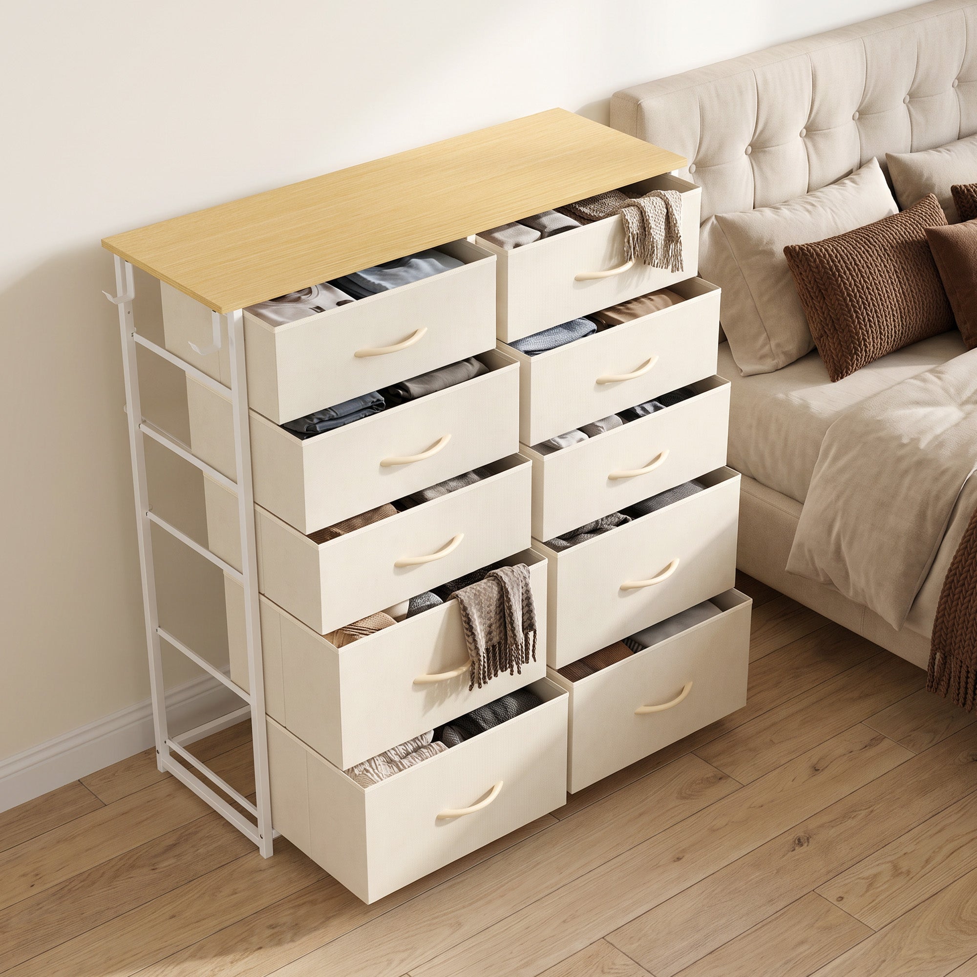 Kommode mit 10 Stoffschubladen, Aufbewahrungsmöbel mit 4 Taschen, 2 Haken, Stahlrahmen, 80 x 30 x 94,5 cm, Beige