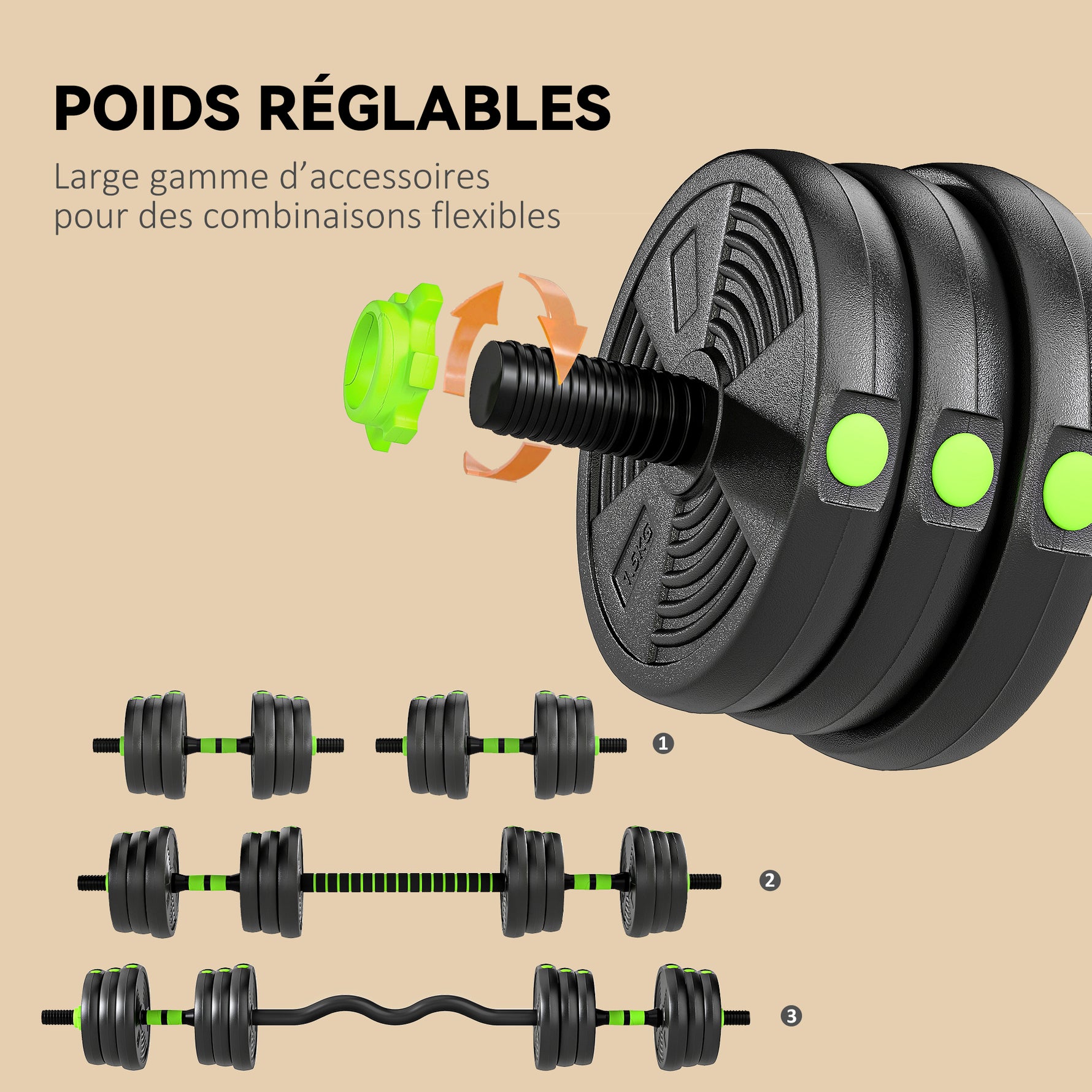 Kit haltères musculation haltères réglables 20 kg 3 en 1, ensemble de poids réglable avec barre d'extension noir