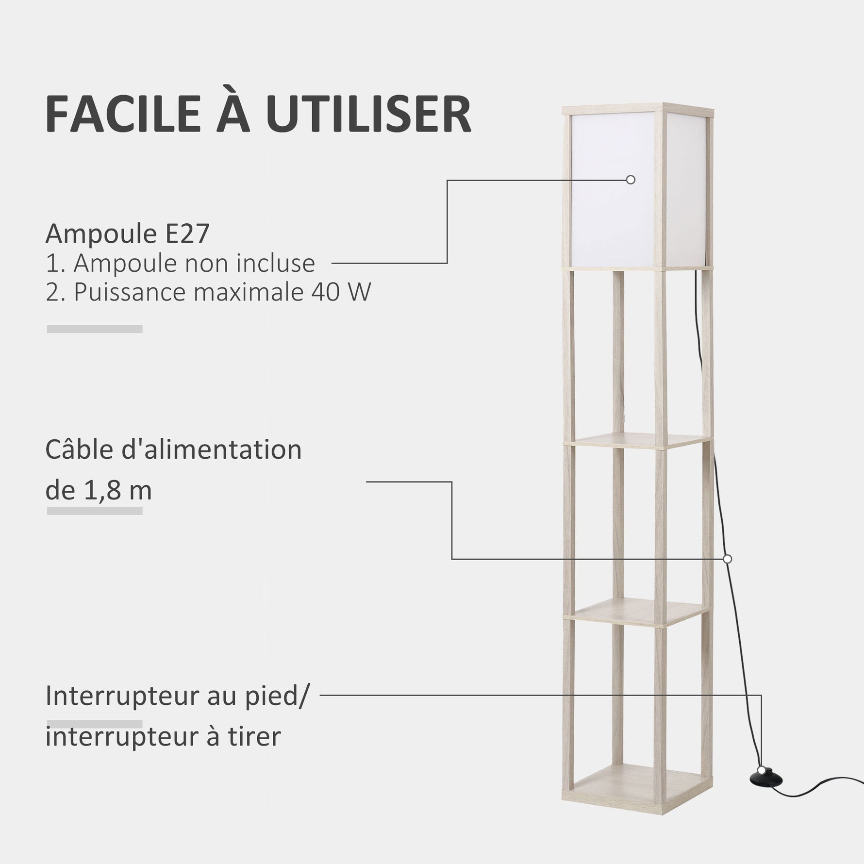 Lampadaire étagère 26L x 26l x 160H cm 3 étagères 4 Niveaux MDF chêne