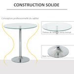Ronde eettafel voor 2 personen, moderne keukentafel met blad van gehard glas en stalen onderstel, zilverkleurig