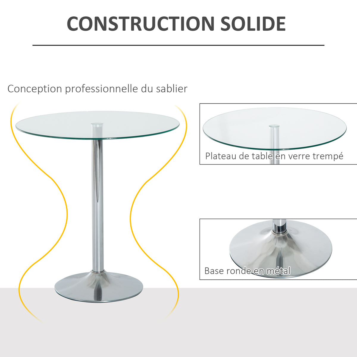 Ronde eettafel voor 2 personen, moderne keukentafel met blad van gehard glas en stalen onderstel, zilverkleurig