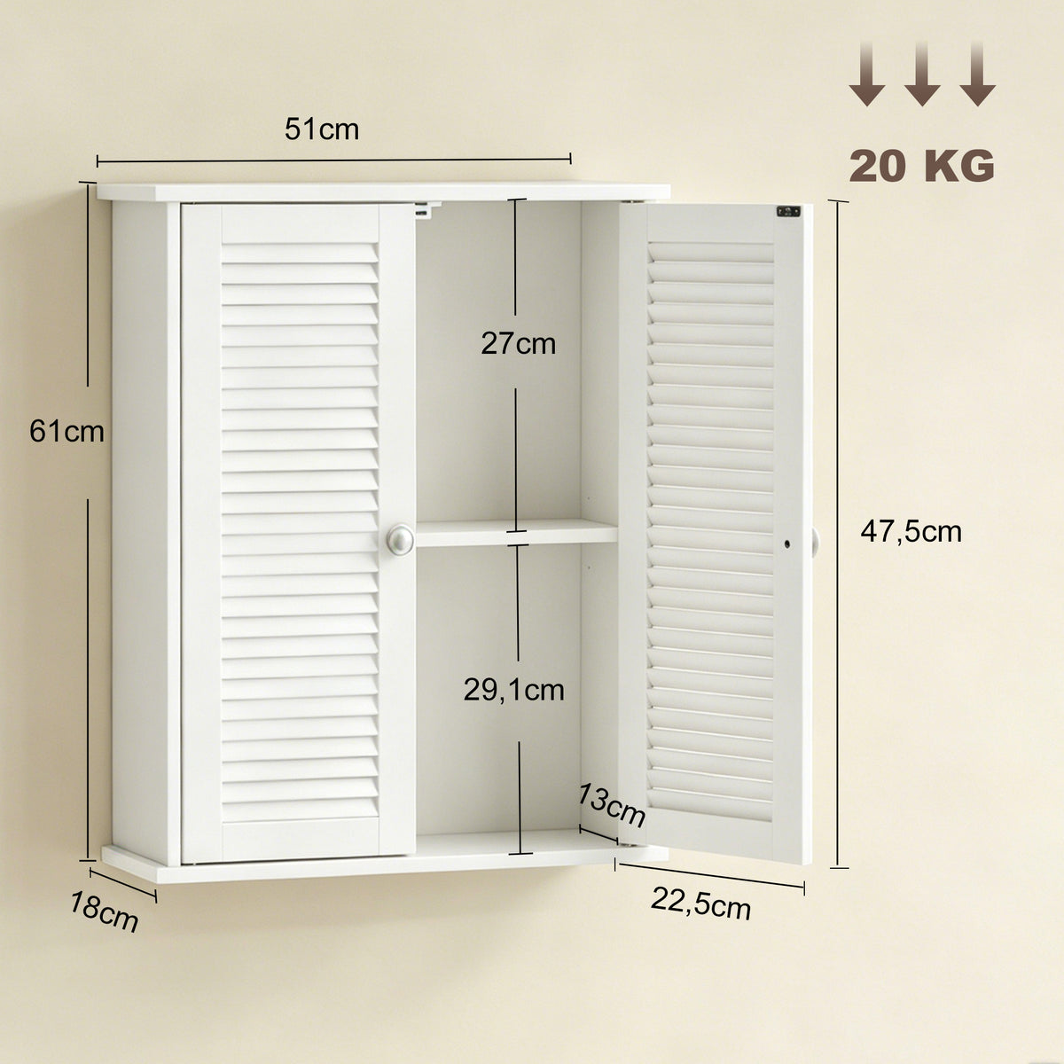 Armoire murale de salle de bain, meuble de rangement suspendu avec 2 portes persiennes et étagère réglable, blanc