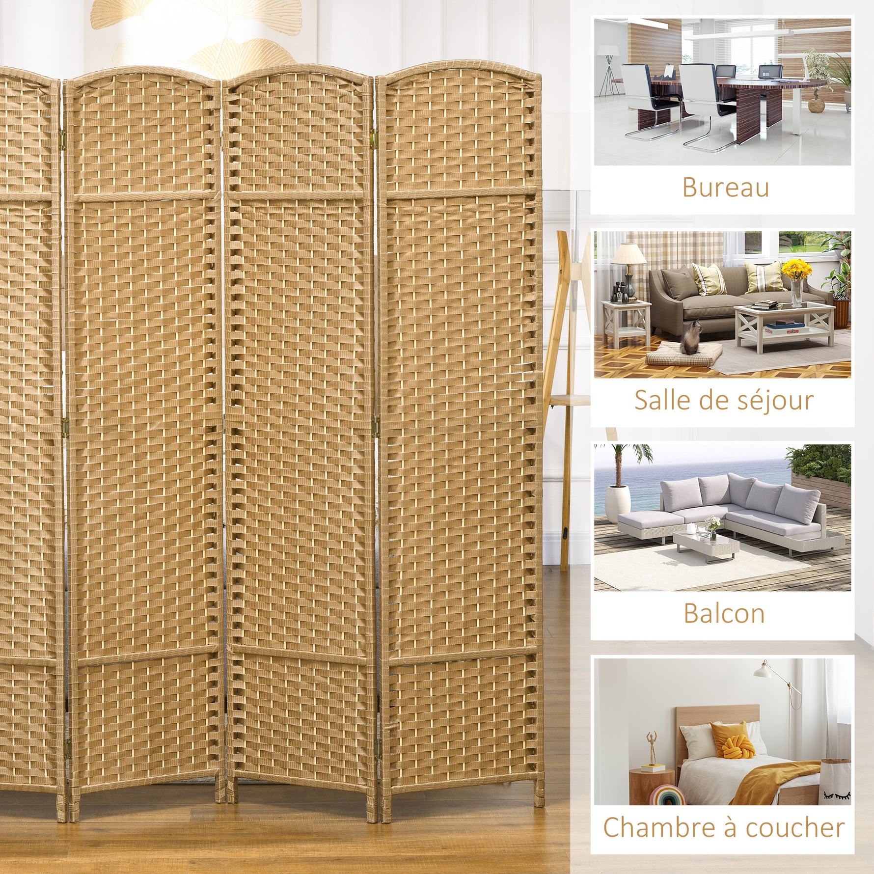 Paravent interieur en bois 4 panneaux 160 x 170 cm séparateur de pièce pliable pour salon, chambre à coucher, naturel