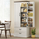 Buffet haut cuisine, armoire de cuisine, LED à capteur, 2 portes, tiroirs et étagères réglables, 76x39,5x183cm, blanc