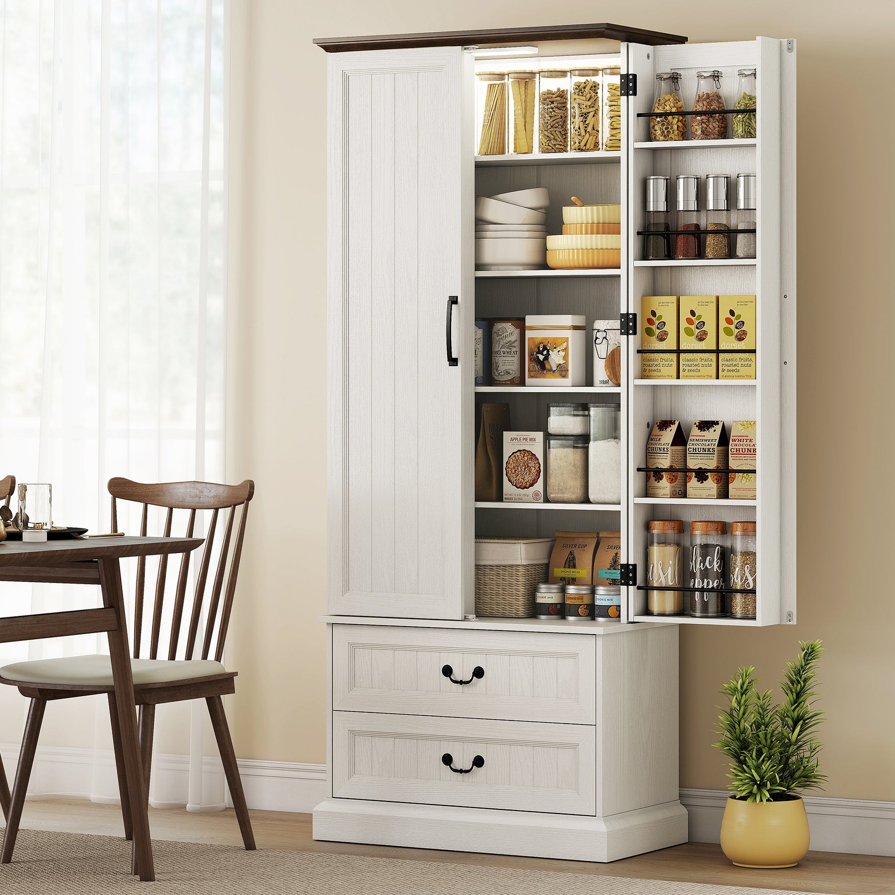Buffet haut cuisine, armoire de cuisine, LED à capteur, 2 portes, tiroirs et étagères réglables, 76x39,5x183cm, blanc