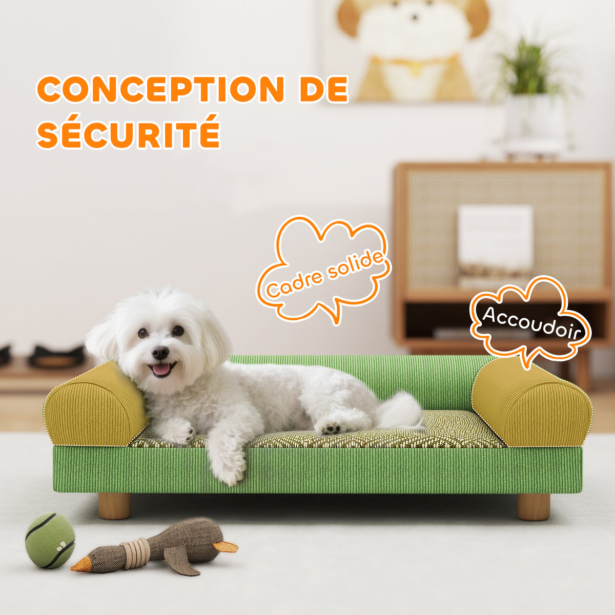 Hunde- und Katzenschlafsofa, erhöhtes Hundebett, kühlende Matte, Armlehnen, aus weichem Samt 63 x 41 x 17 cm, Grün
