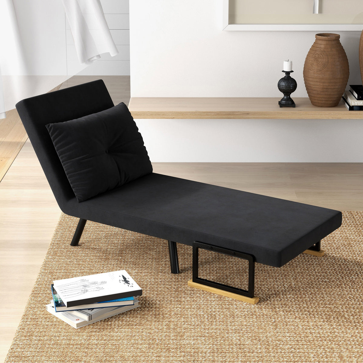 4-in-1-Schlafsofa, Einzelbett, 5-fach verstellbare Rückenlehne, Holzarmlehnen und Kissen, Stoff in Samtoptik, schwarz