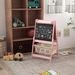 Kids' double-sided easel chalkboard with paper roll, 2 baskets, 54 x 46.5 x 93 cm, pink