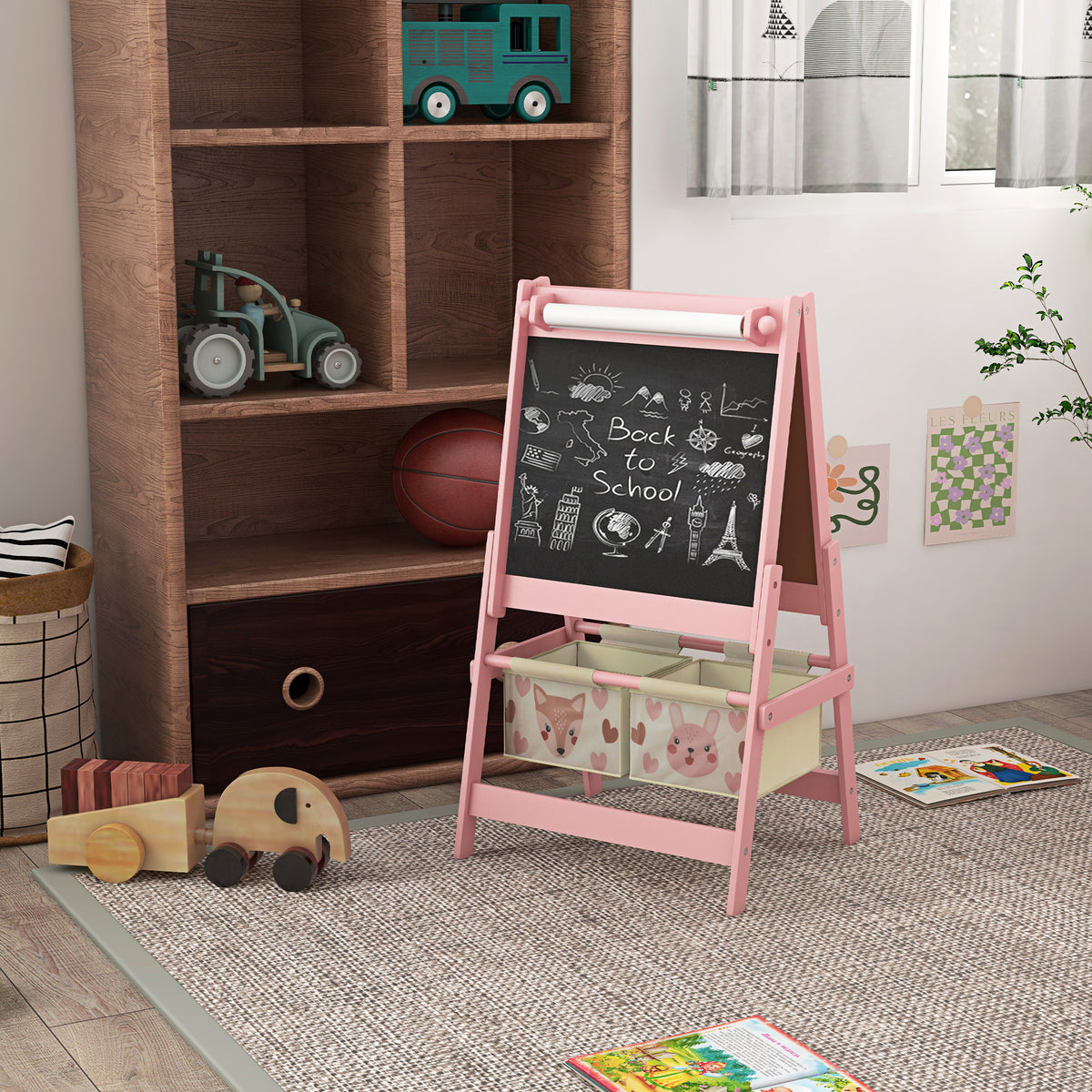 Kids' double-sided easel chalkboard with paper roll, 2 baskets, 54 x 46.5 x 93 cm, pink