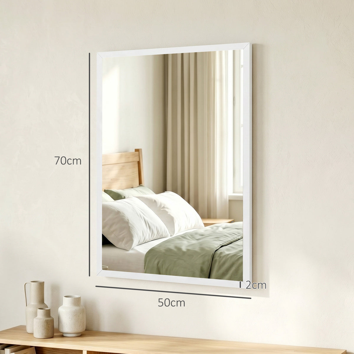 Specchio da parete rettangolare 50 x 70 cm, cornice in legno bianco, ideale per il bagno, il soggiorno o la camera da letto