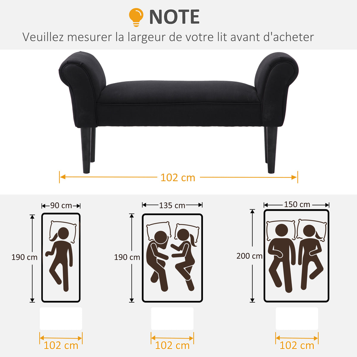 Banc Entrée Bout de Lit Rembourré pour Chambre à Coucher, Tissu à Voile, 102 x 36 x 51 cm, Noir