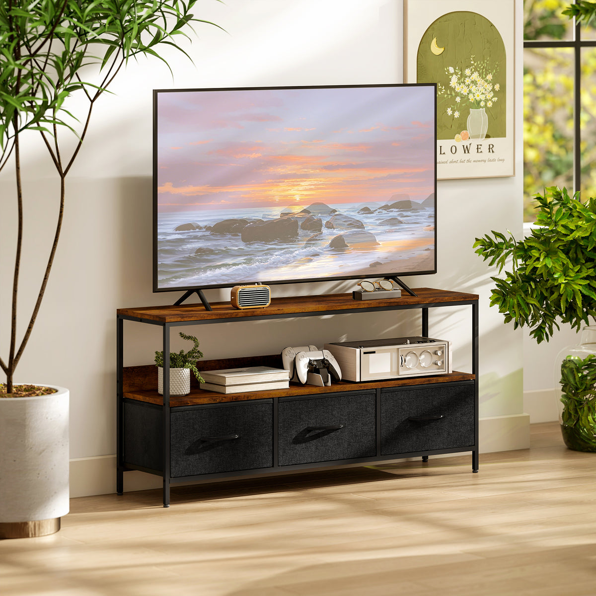 Meuble TV, meuble télé pour téléviseur jusqu'à 55 pouces avec 3 tiroirs et pieds en acier 120 x 29 x 56 cm brun rustique