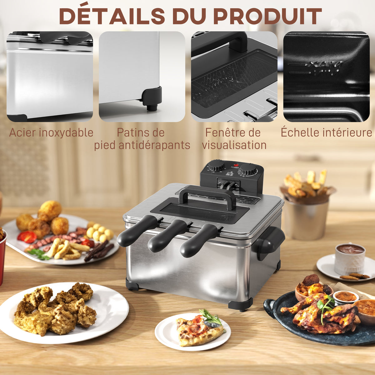 Friteuse 5 litres avec température et minuterie réglables 2000 W panier à huile amovible et fenêtre de visualisation