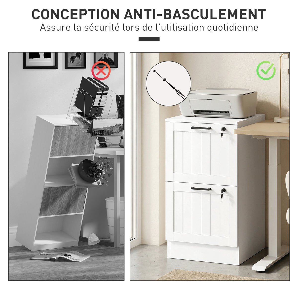 Caisson bureau, meuble rangement bois 2 tiroirs et serrure, barres de suspension réglables, 40 x 40 x 71 cm, blanc
