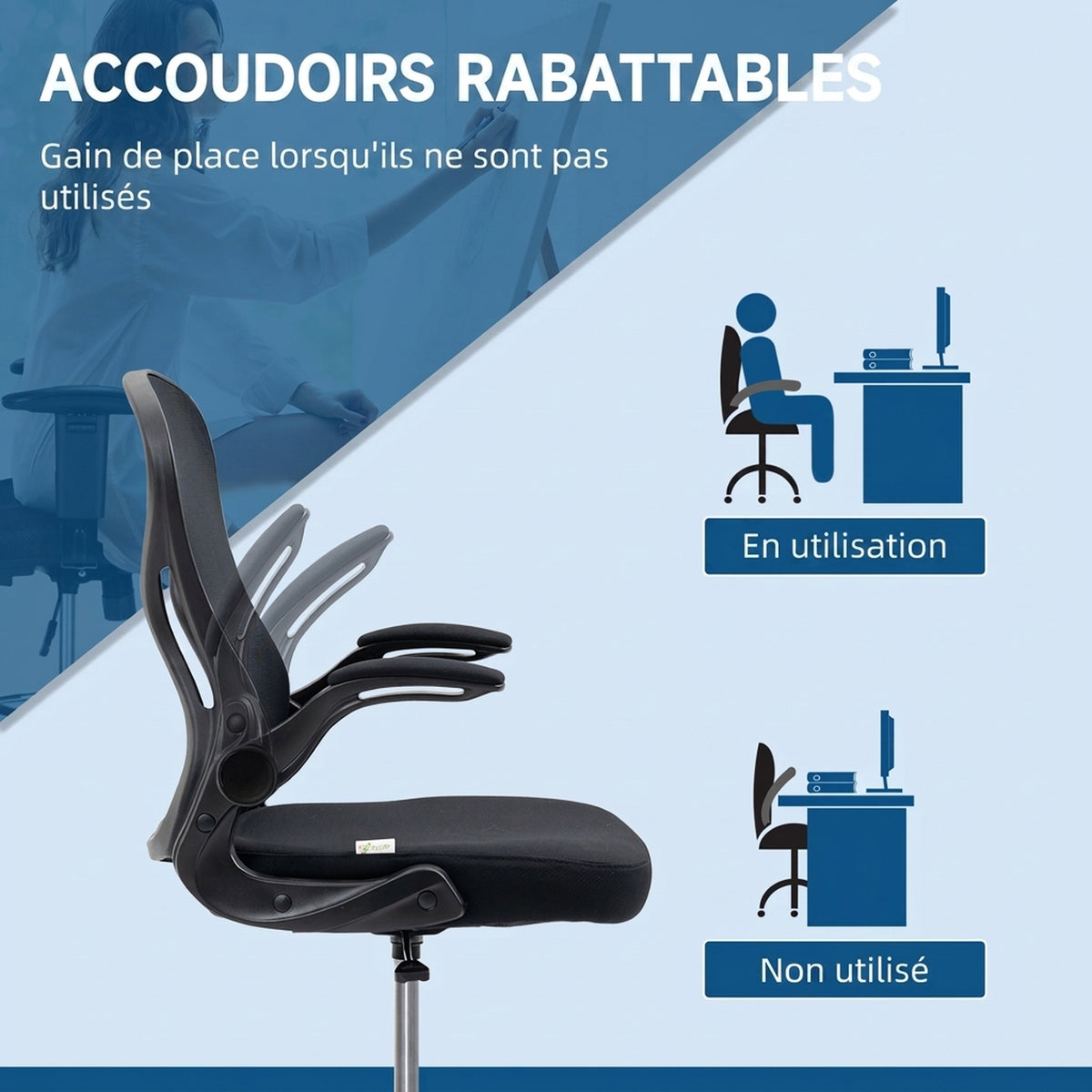 Chaise Bureau Ergonomique en Maille, Hauteur Réglable, Accoudoirs Relevables, Support Lombaire, 59x65x122cm, Noir