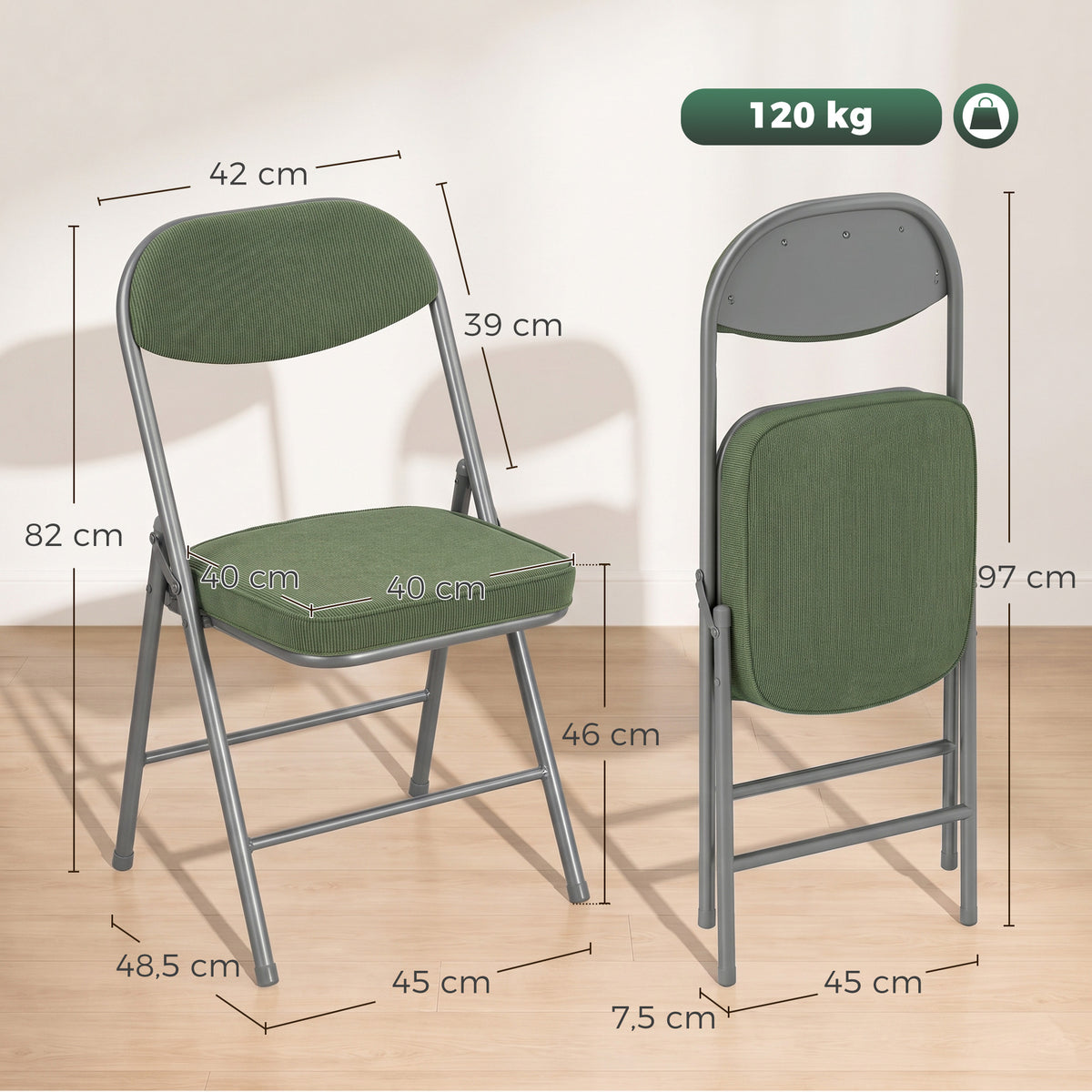 Lot de 2 chaises pliantes chaises de salle à manger portables avec assises et dossiers rembourrés en velours côtelé vert