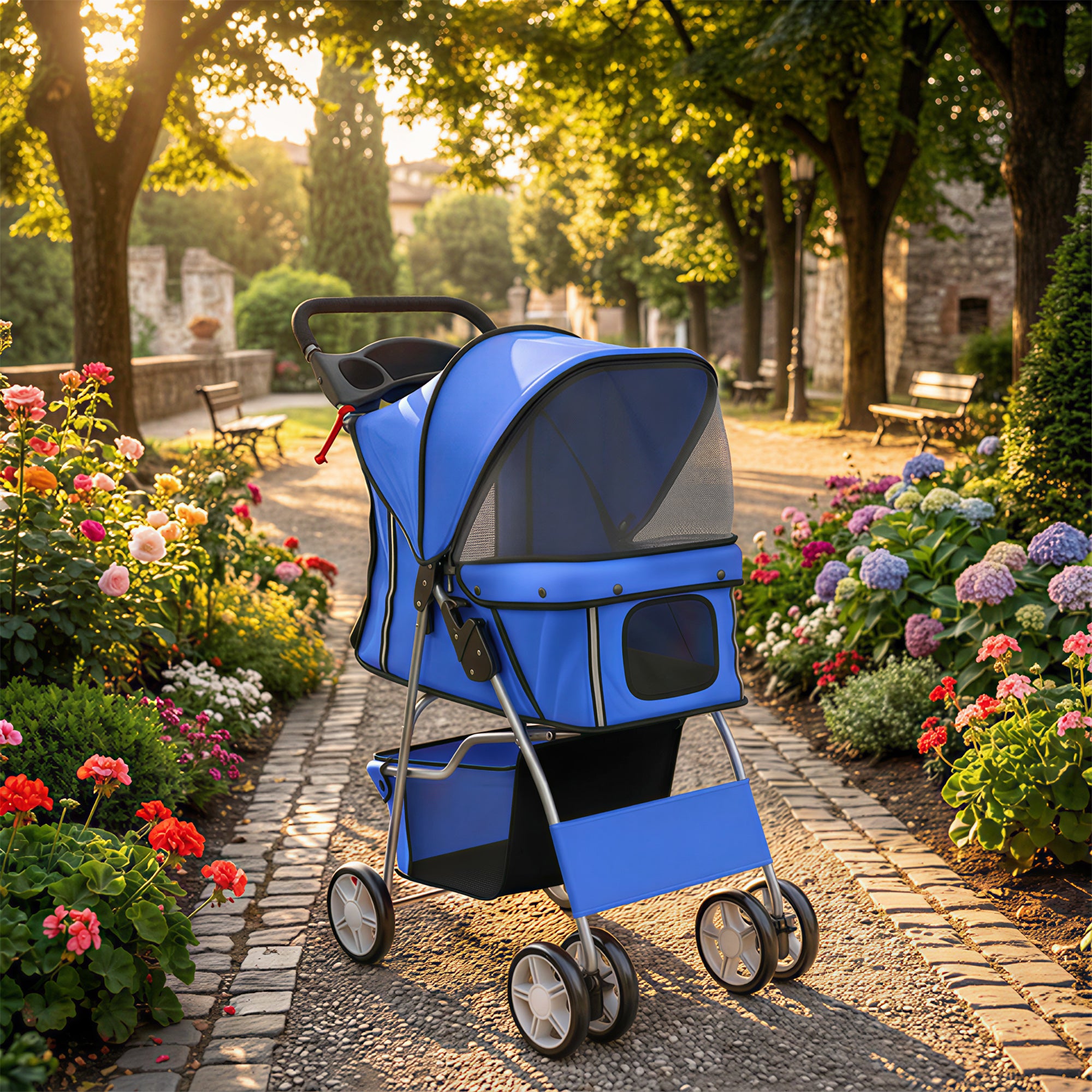 Faltbarer Tierbuggy, Getränkehalter, Aufbewahrungskorb, 600D Oxford-Gewebe, Stahl, 75 x 45 x 97 cm, Blau