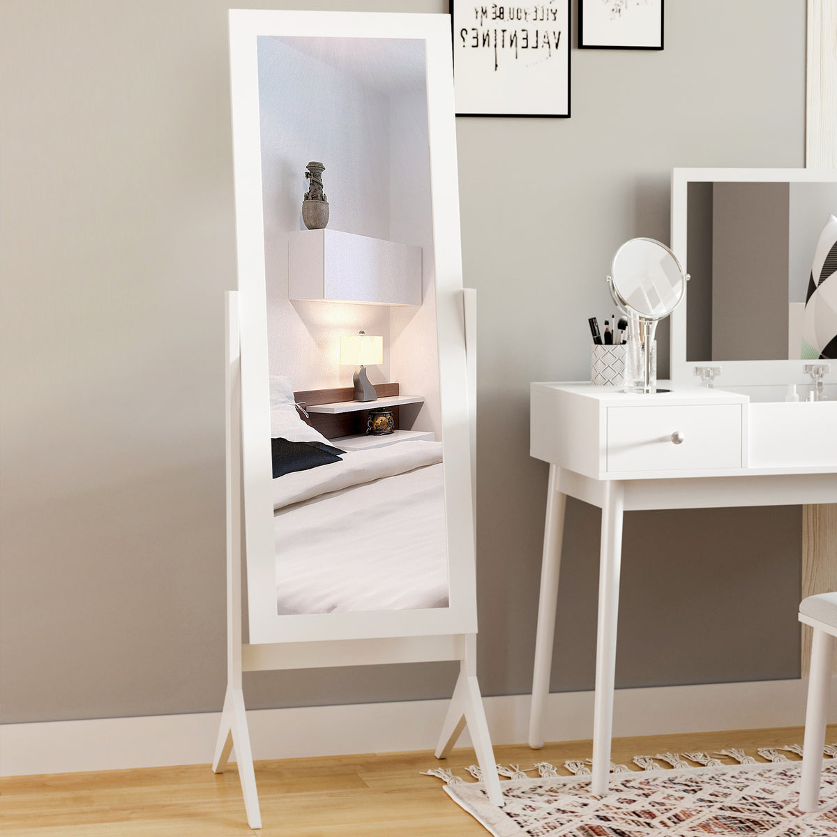 Miroir en Pied Grand Miroir de Sol Inclinaison réglable pour Dressing Chambre dim. 47L x 46l x 148H cm en blanc