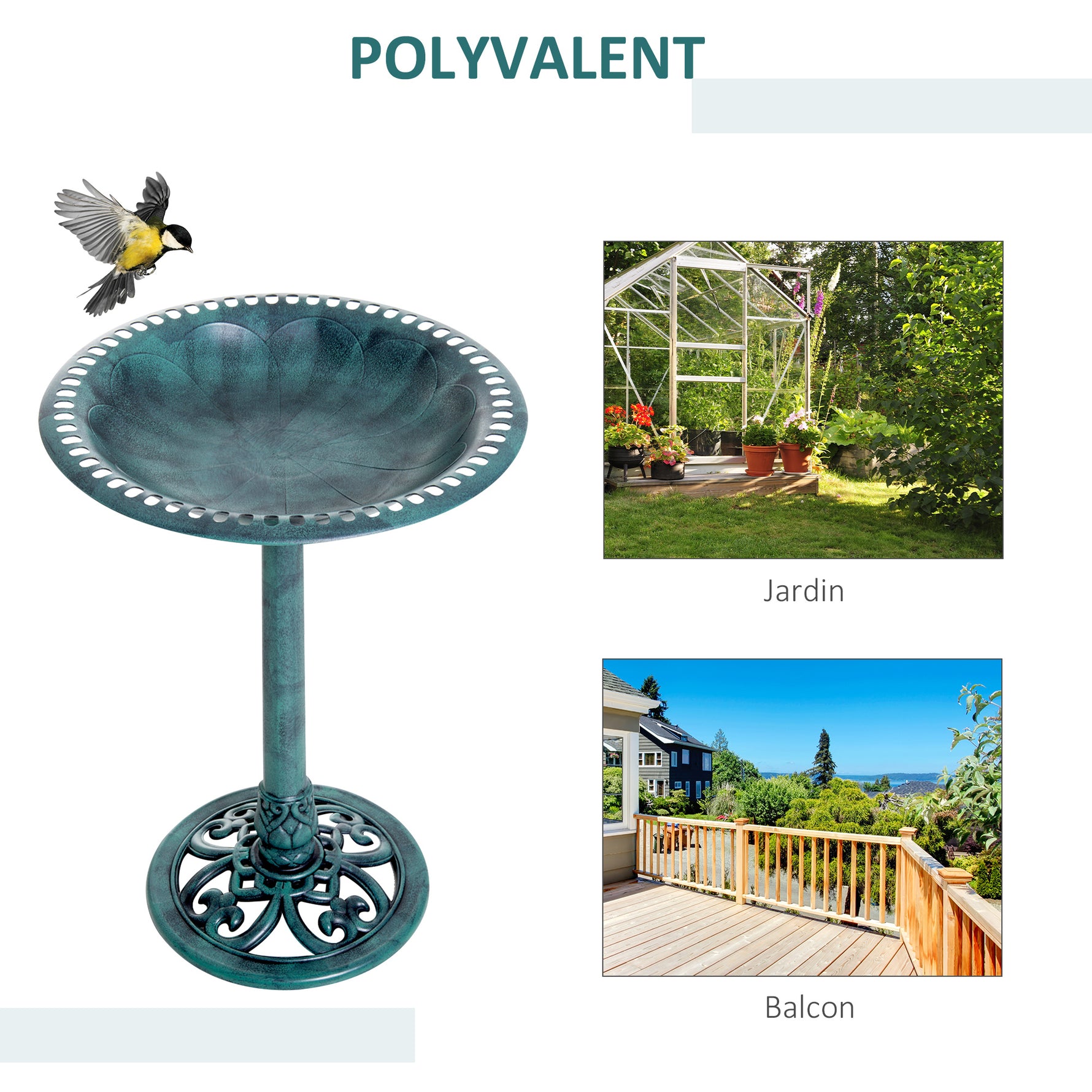 Bain d'oiseaux plateau de diamètre 50cm abreuvoir oiseaux extérieur sur pied hauteur 69,5 cm érugineux