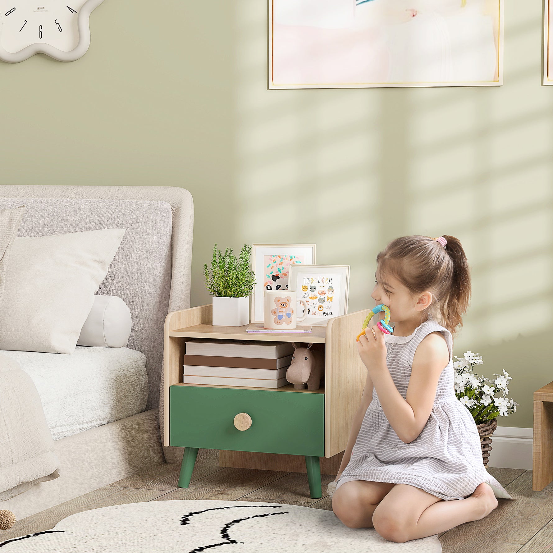 Table de chevet enfant table de nuit enfant avec tiroir et niche, petite table d'appoint en bois pour chambre d'enfant