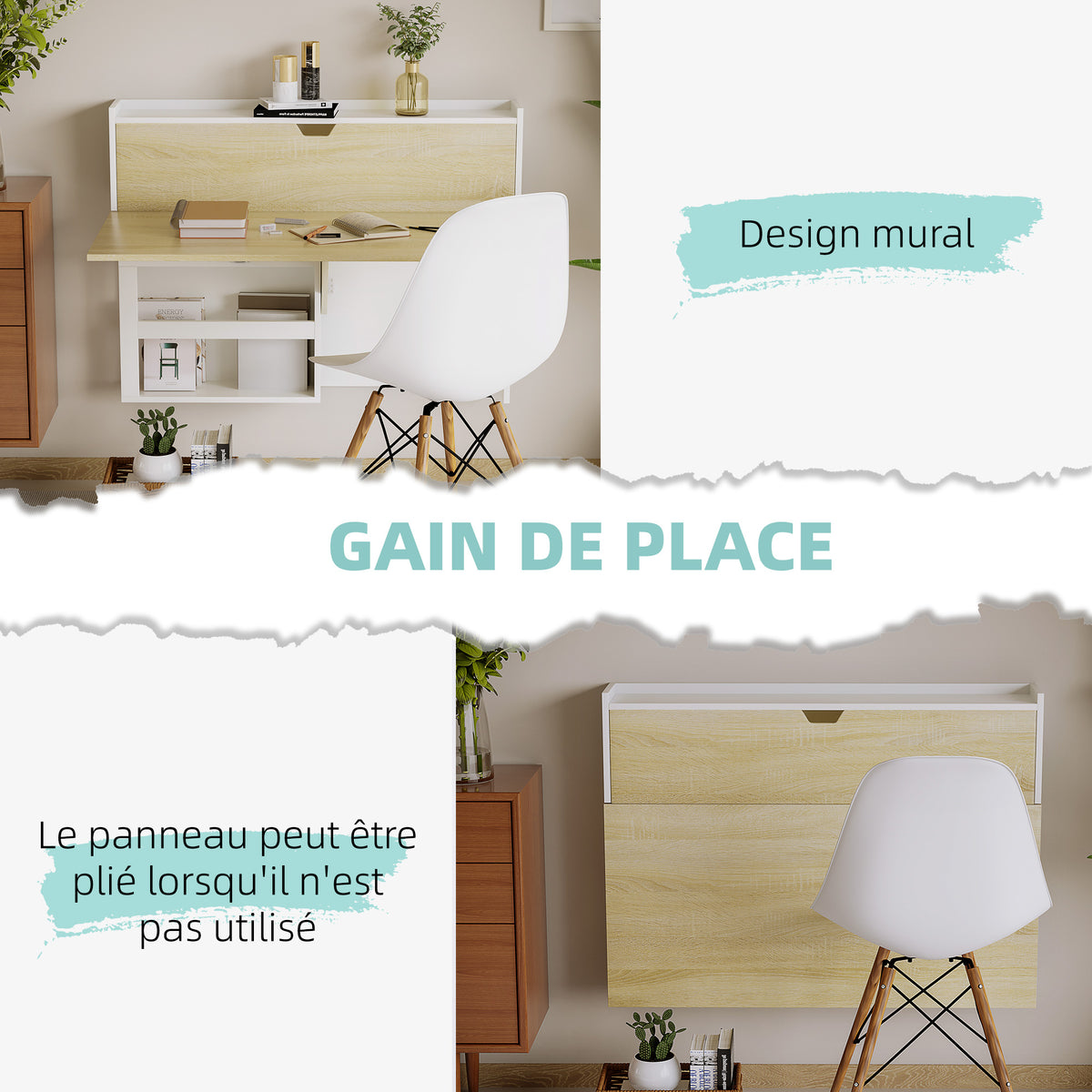 Bureau pliable mural avec étagères de rangement et placard, bureau rabattable, 100 x 18 x 74 cm effet bois naturel