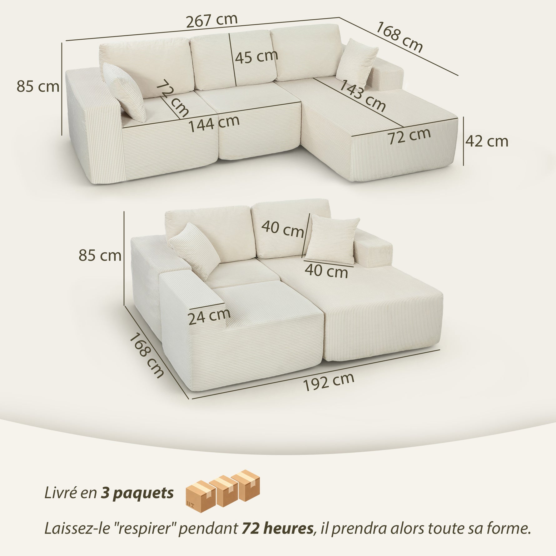 Canapé d'angle modulable 2 en 1, 267cm, canapé-lit 3 places en velours côtelé, larges assise et accoudoirs, crème