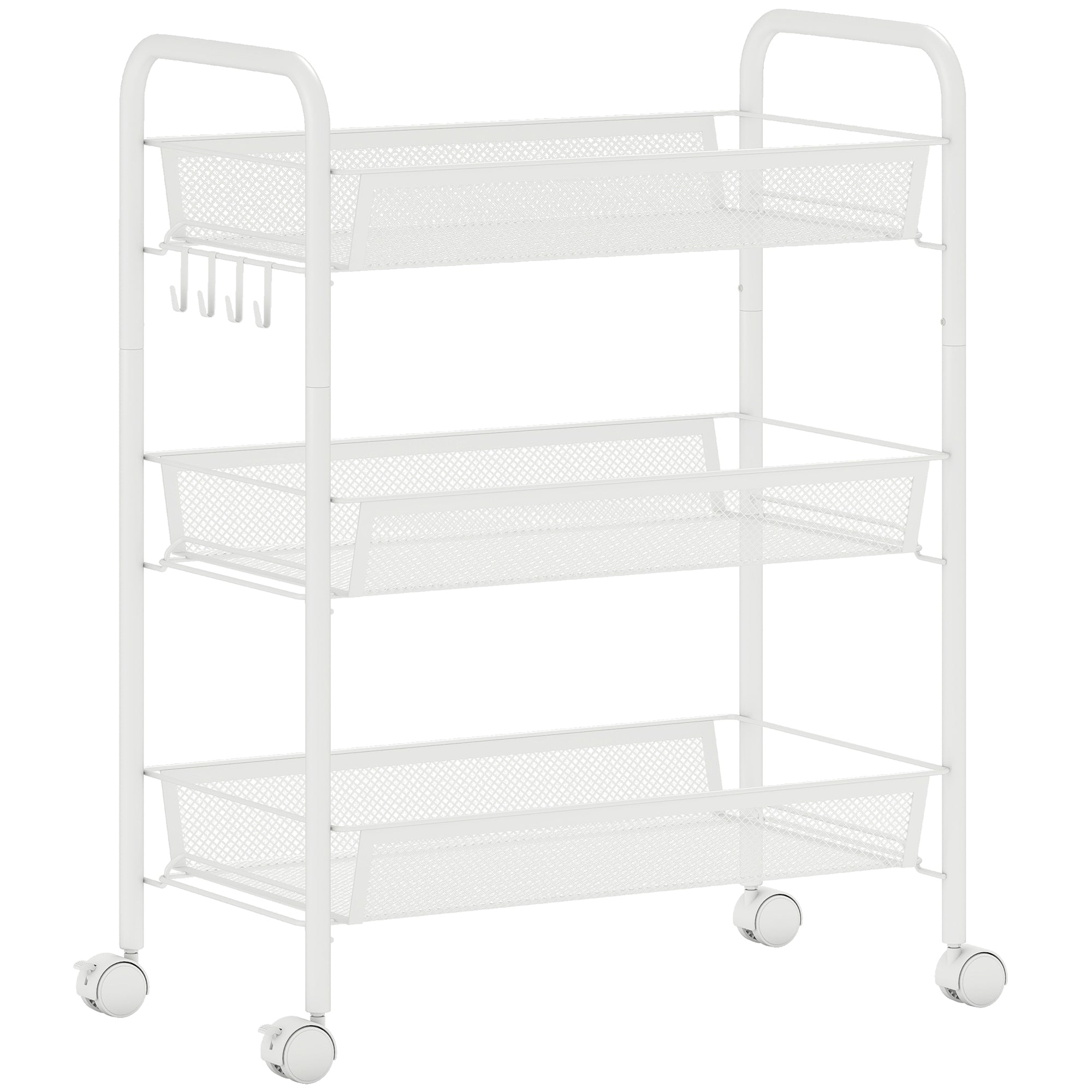 Carrello a 3 livelli con cestelli, carrello di servizio con ruote, carrello portaoggetti su ruote 45 x 26,5 x 63 cm bianco